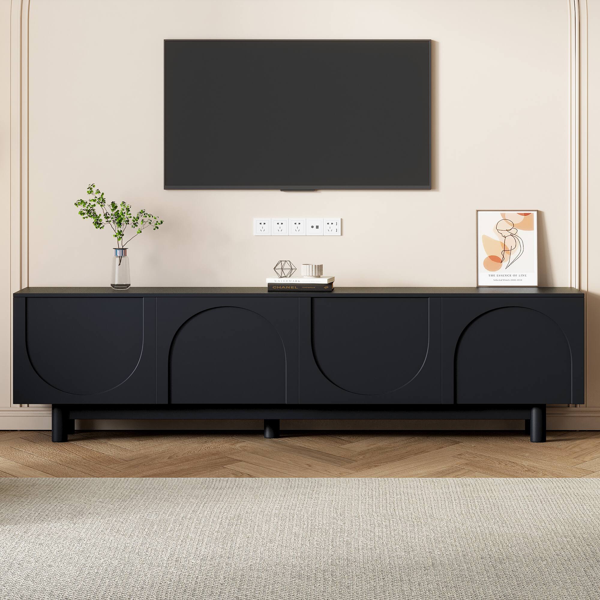 Spaco - Modern TV Stand for 78" TV,Media Console with Arch Cabinets Solid Wood Legs and Adjustable Shelves for Living Room - Black