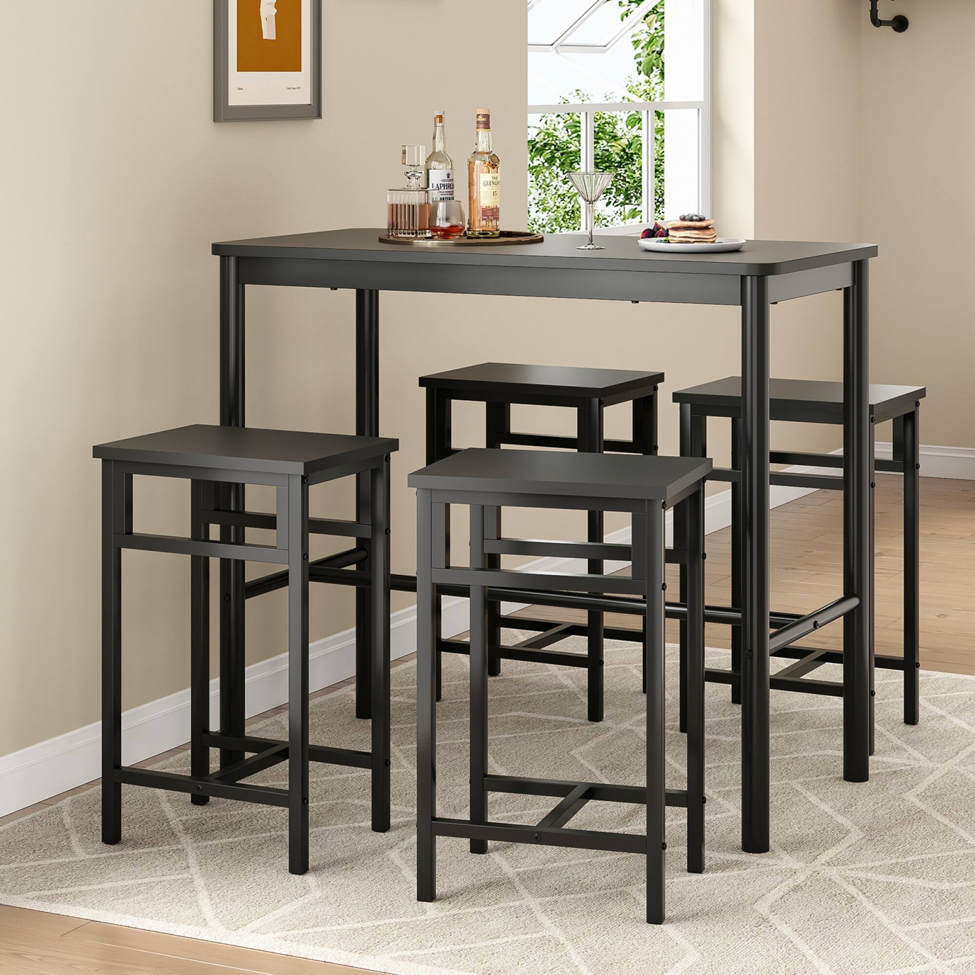 Back. GOODSILO - 47 Inch Industrial Style Counter Height Bar Table with Metal Frame and Wooden Top for Dining and Entertainment - Black.