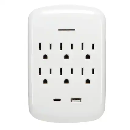 Front. PRIME - 6-AC Outlet and 2-USB Port Grounded Wall Tap PBSU072 - White.
