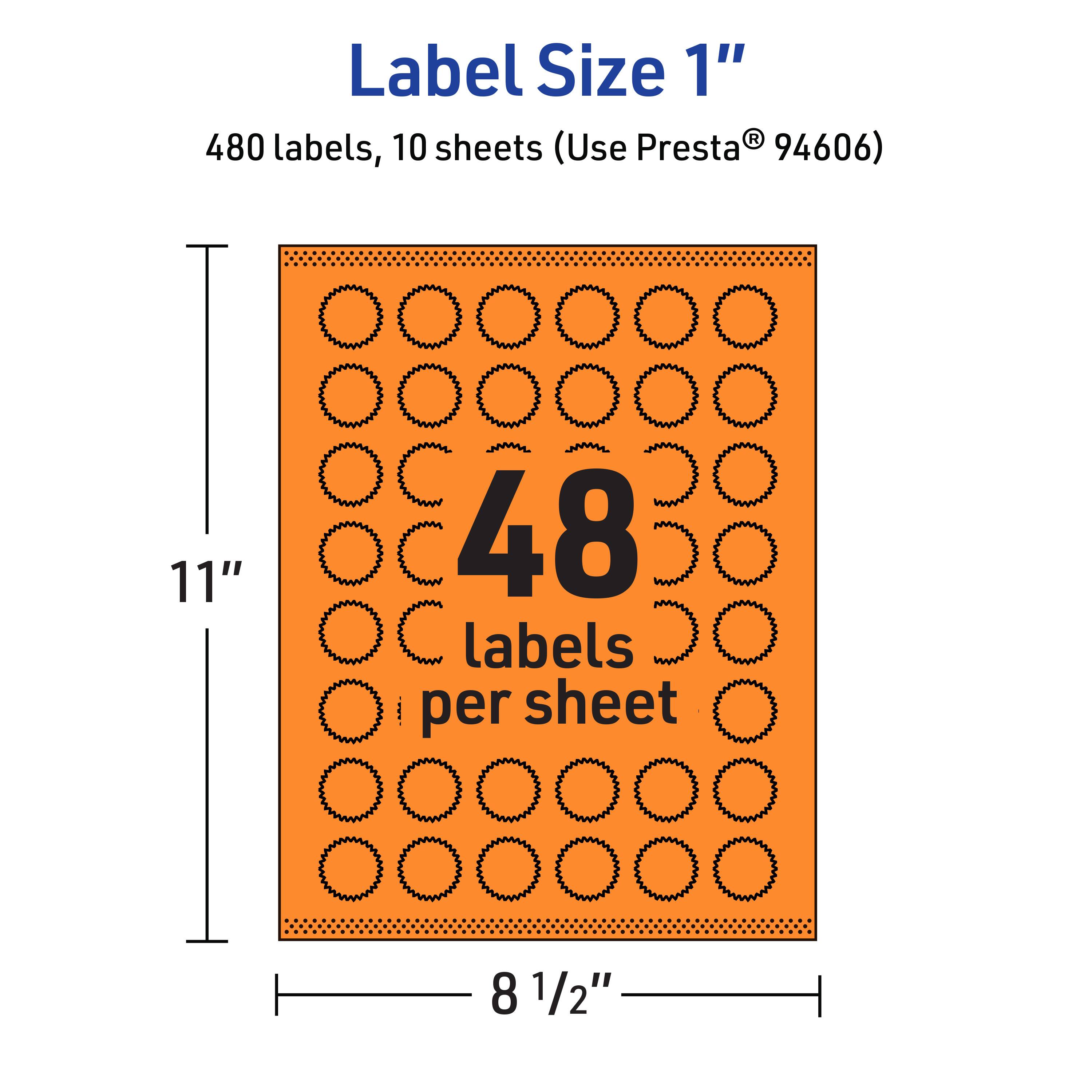 Label Size 1"  
480 labels, 10 sheets (Use Presta® 94606)  
11" x 8 1/2"  
48 labels per sheet