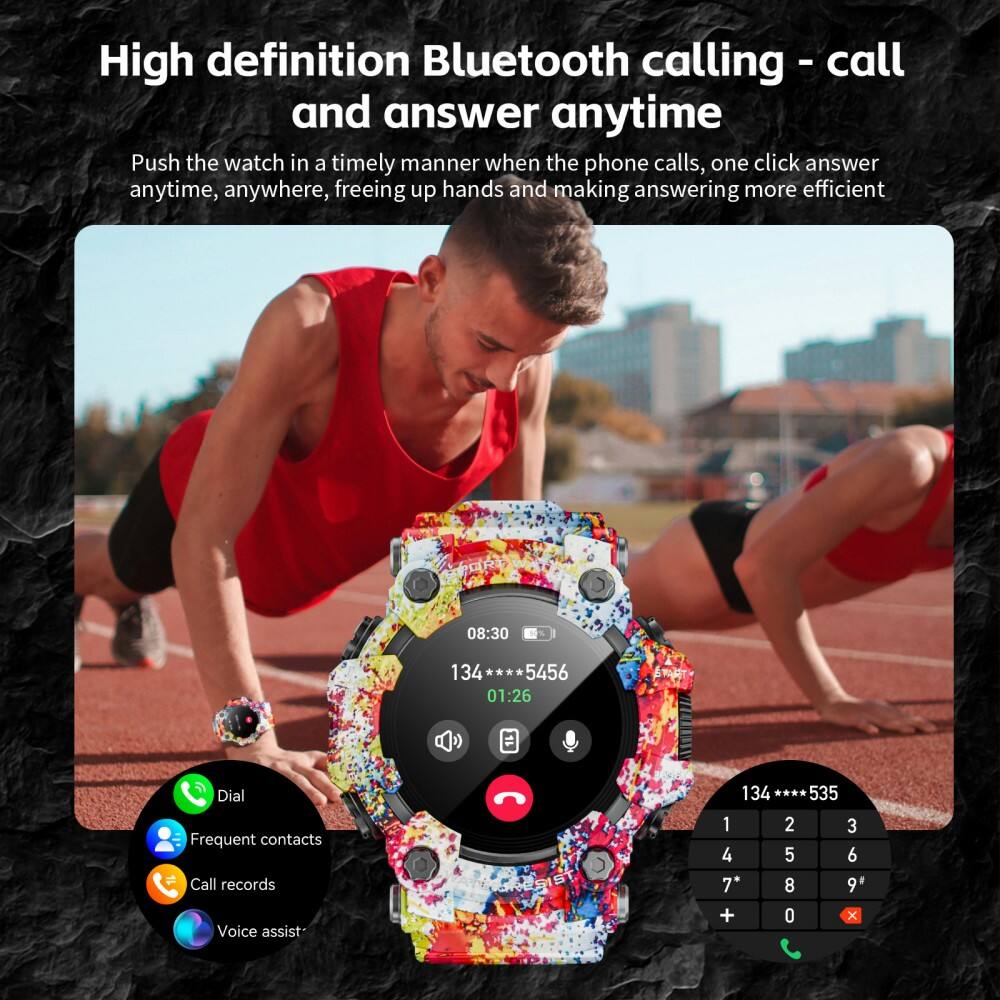 High definition Bluetooth calling - call and answer anytime

Push the watch in a timely manner when the phone calls, one click answer anytime, anywhere, freeing up hands and making answering more efficient

08:30 134 5456 01:26

Dial
Frequent contacts
Call records
Voice assist

134 **** 535

1 2 3
4 5 6
7 8 9
+ 0 x