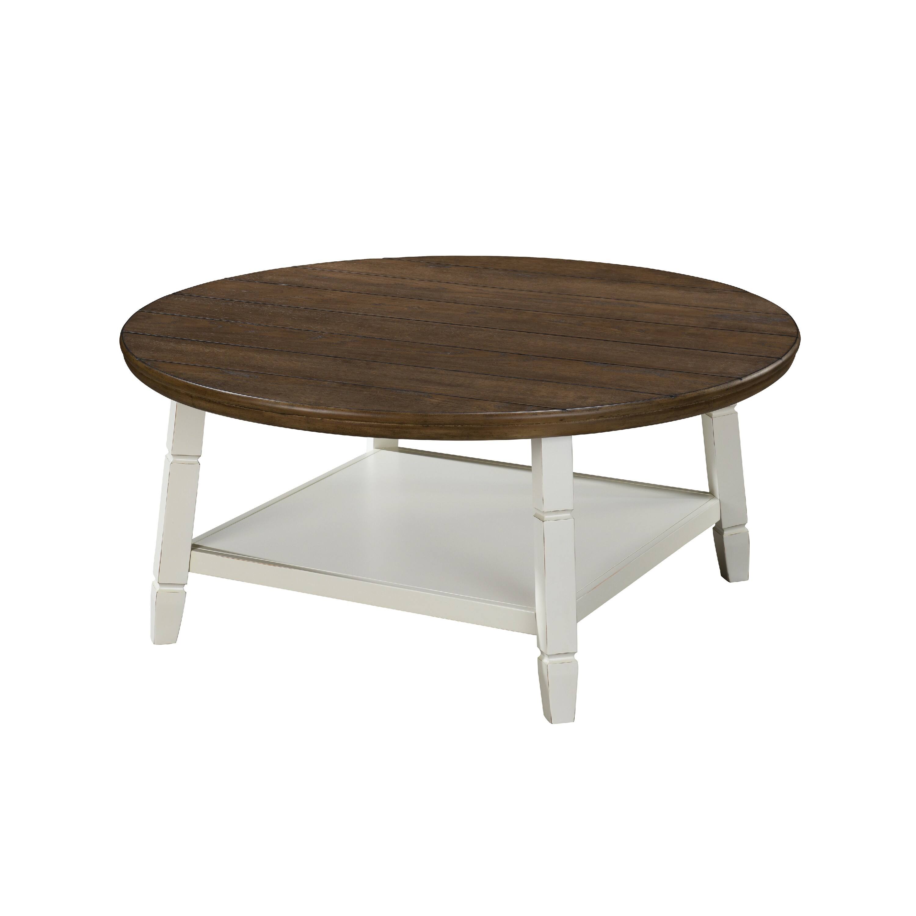 Angle. Manhattan Lane - Ethy 3pc Round Coffee Table & End Table Set, Lower Shelf - Brown, White.