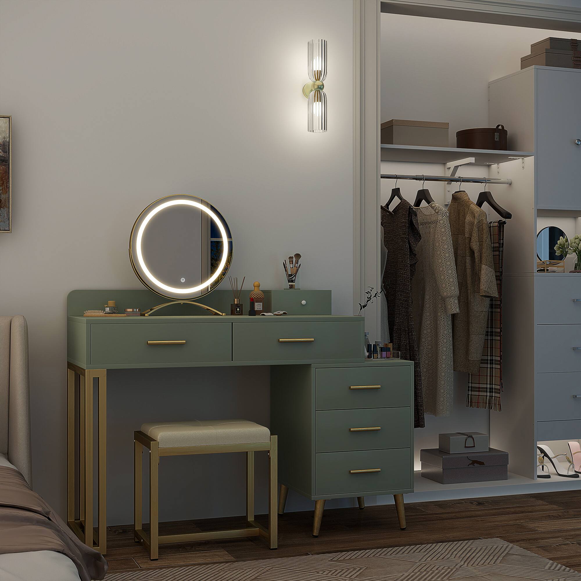 Alt View 2. Aheaplus - Modern Vanity Desk with LED Mirror & 6 Drawers - Includes Cushioned Stool & Organizers for Bedroom - Cyan.