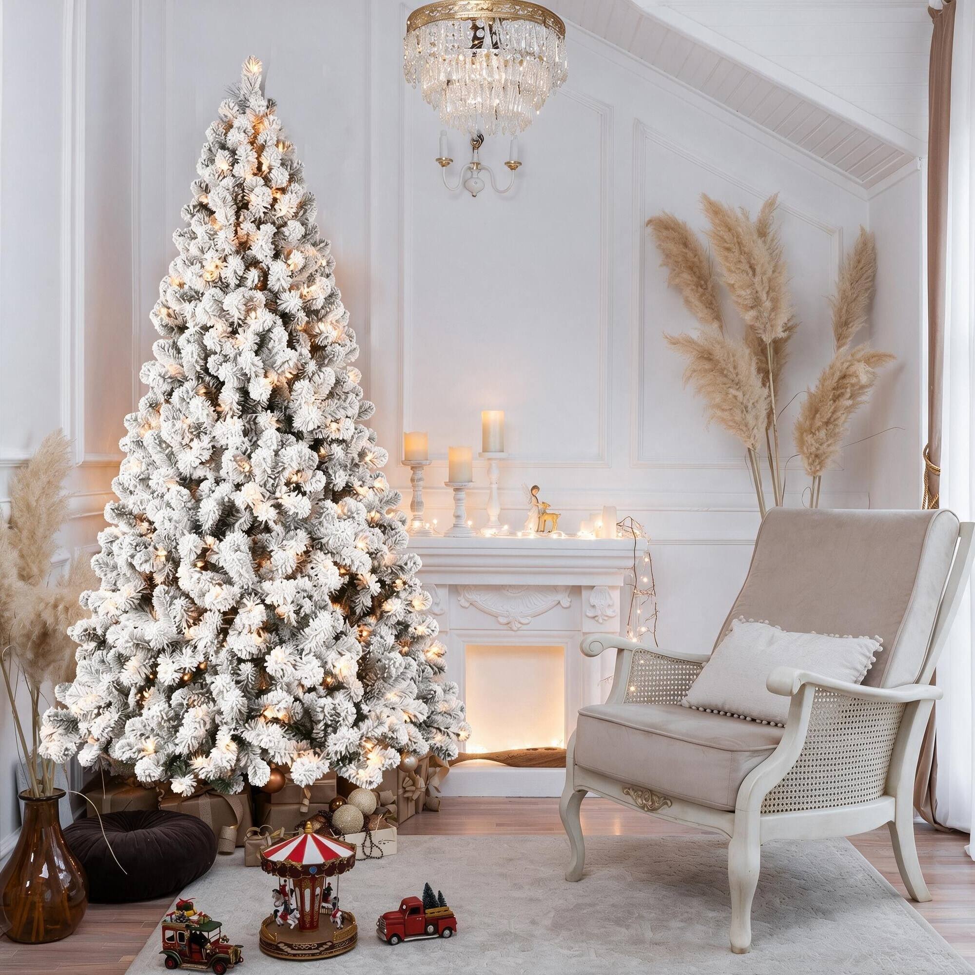 Angle. RYHNUYNE - 9FT Flocked Pre-Lit Christmas Tree, 650 Warm White Lights 1930 PVC Tips Auto-Unfold Memory Wire Easy Setup Metal Stand - Green,White.