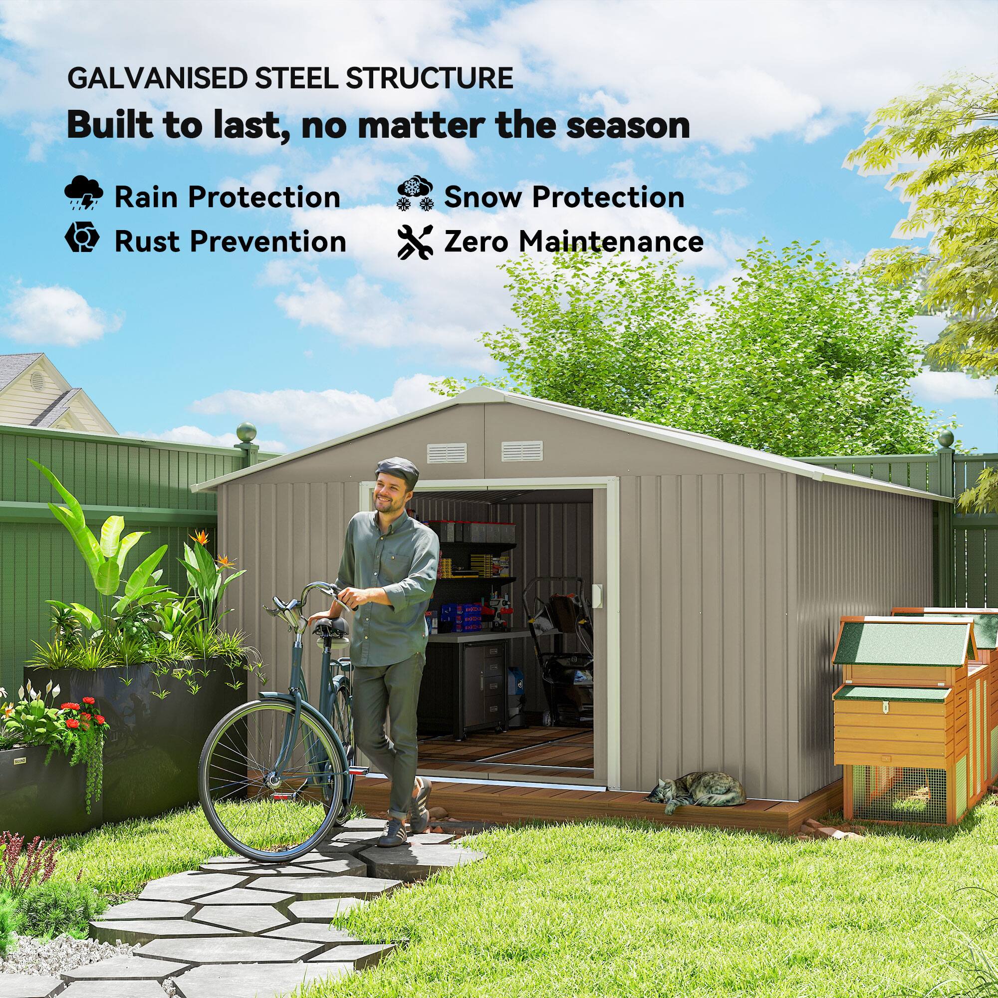 GALVANISED STEEL STRUCTURE  
Built to last, no matter the season  

- Rain Protection  
- Rust Prevention  
- Snow Protection  
- Zero Maintenance