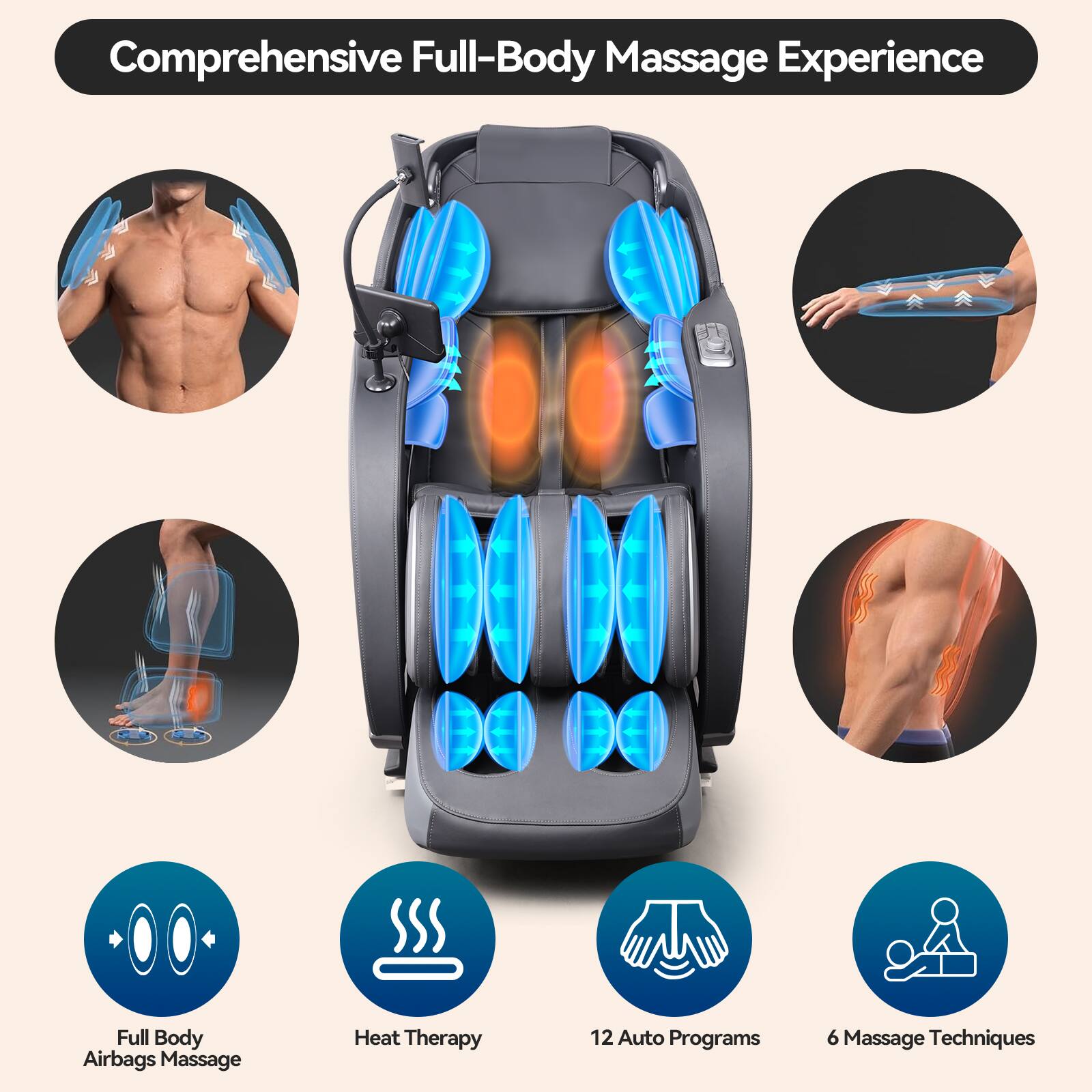 Comprehensive Full-Body Massage Experience

- Full Body Airbags Massage
- Heat Therapy
- 12 Auto Programs
- 6 Massage Techniques