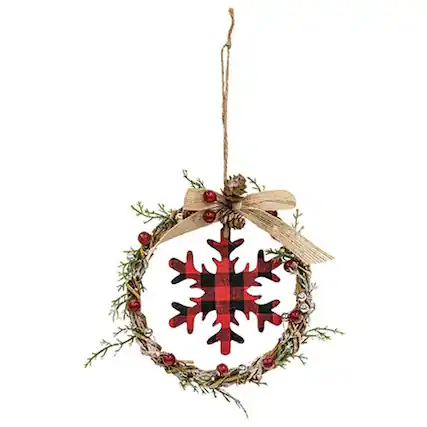 Front. BreeBe - *Mini Wreath with Red & Black Buffalo Check Snowflake - Red, Black, Green.