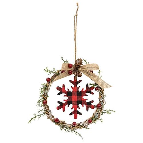 Front. BreeBe - *Mini Wreath with Red & Black Buffalo Check Snowflake - Red, Black, Green.