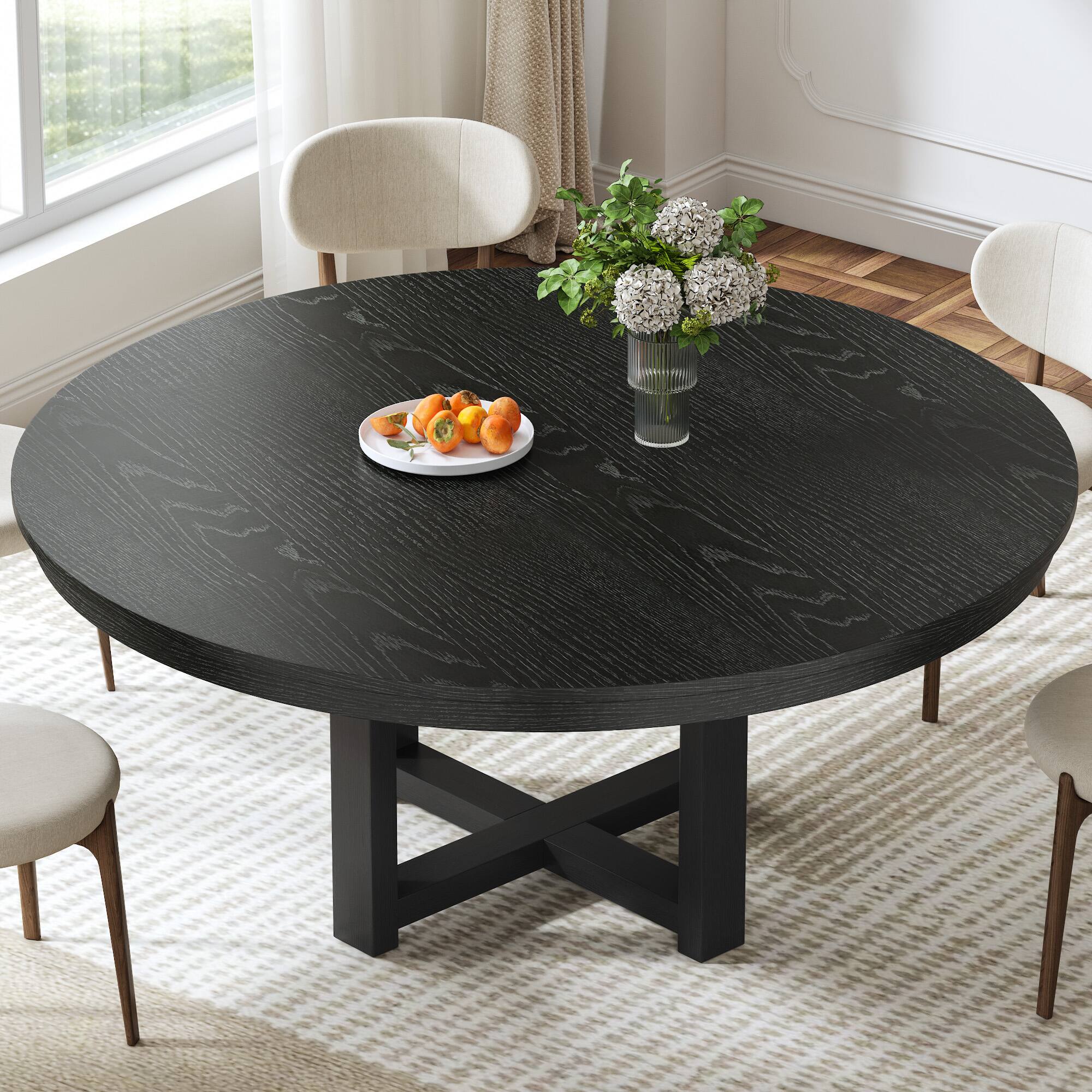 Left. Lirago - 59" Solid Wood Round Dining Table with Double Pedestal Large Kitchen Table Seats 6 for Dining Room - Black.