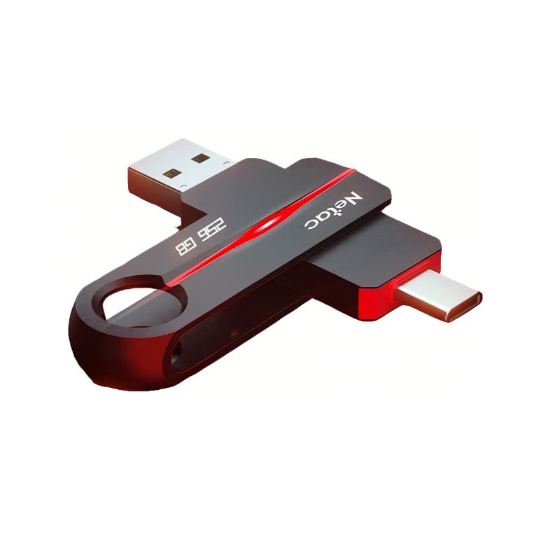 Netac - US18 256GB USB 3.2 Dual Interface Flash Drive, USB-A & USB-C, Up to 150MB/s Read, Metal Swivel, Pearl Nickel - Black