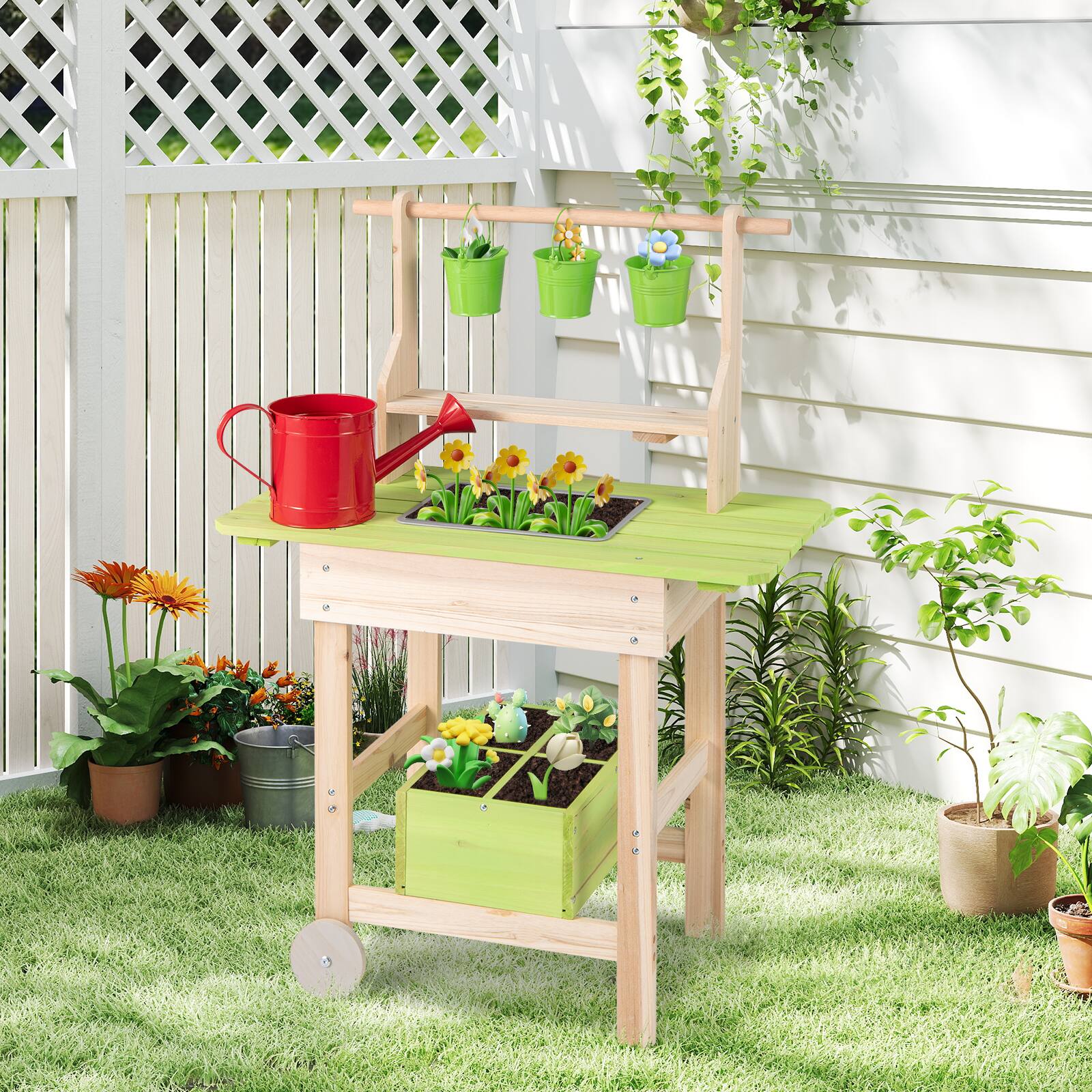 Alt View 1. Costway - Costway Kids Mud Kitchen with Removable Pots Watering Can Planting Trough Shelf Storage Box - Natural & Green.