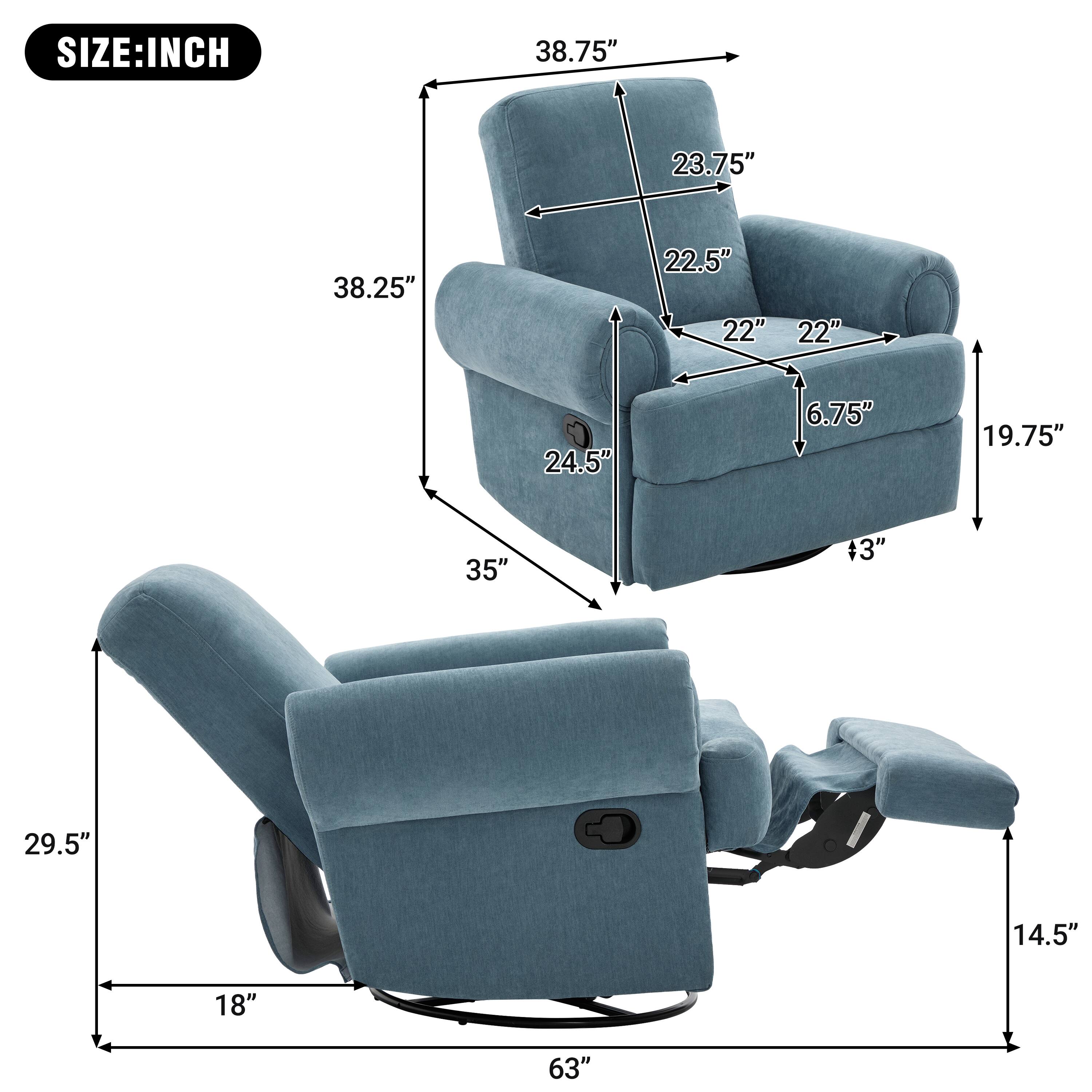 Sure, here is the corrected and grouped text from the image:

**SIZE: INCH**

- **Armchair:**
  - Width: 38.75"
  - Depth: 23.75"
  - Height: 38.25"
  - Seat Height: 22.5"
  - Seat Depth: 22"
  - Arm Height: 22"
  - Arm Width: 6.75"
  - Back Height: 19.75"
  - Seat Width: 24.5"
  - Armchair Depth: 35"
  - Armchair Height: 38.25"

- **Recliner:**
  - Width: 29.5"
  - Depth: 18"
  - Height: 14.5"
  - Recliner Length: 63"
  - Recliner Height: 14.5"
  - Recliner Depth: 18"
  - Recliner Width: 29.5"