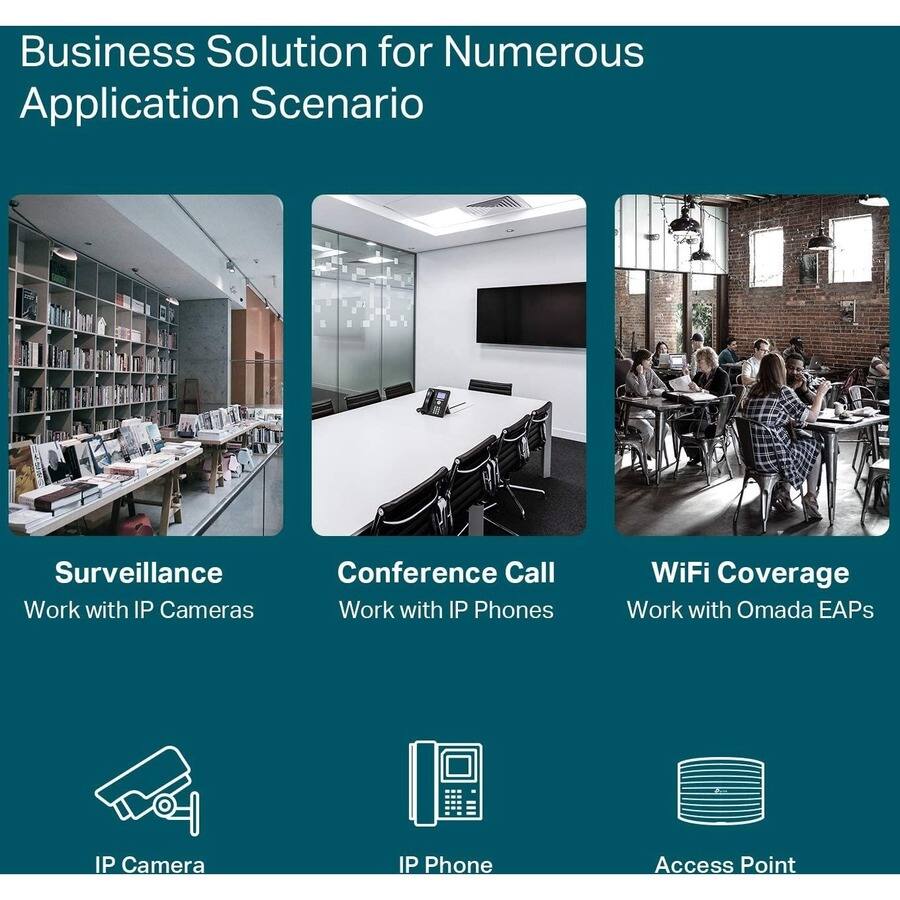 Business Solution for Numerous Application Scenario

Surveillance  
Work with IP Cameras  
IP Camera

Conference Call  
Work with IP Phones  
IP Phone

WiFi Coverage  
Work with Omada EAPs  
Access Point