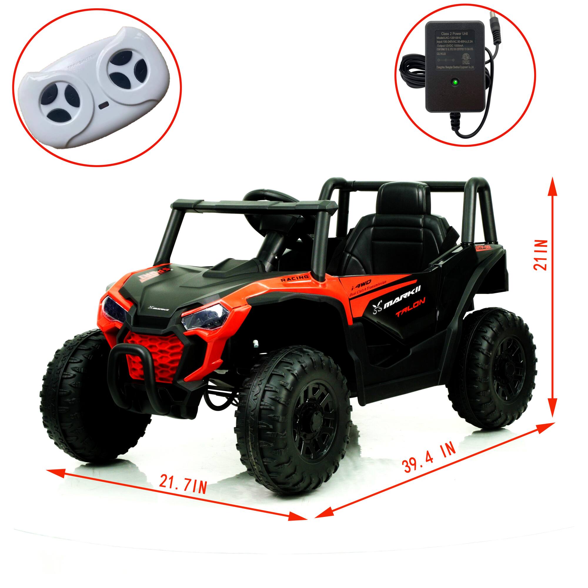 - 21 IN
- 21.7 IN
- 39.4 IN
- 1 AC/DC Power Adapter
- 35 MHz
- 1 Remote Control