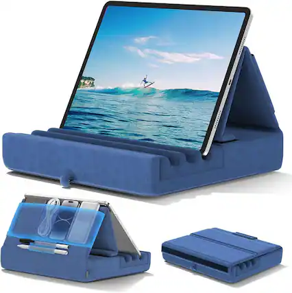 Front. FINEAK - Foldable Tablet Pillow Stand-Lap, Bed & Desk Comfort with Pockets - Blue.