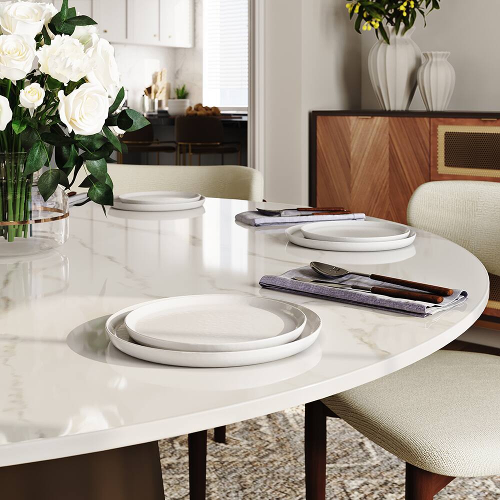 Alt View 6. POVISON - 59" Modern Glossy White Sintered Stone Round Dining Table for 6 with Bronze Steel Base - Glossy White Sintered Stone & Bronze Steel Base.