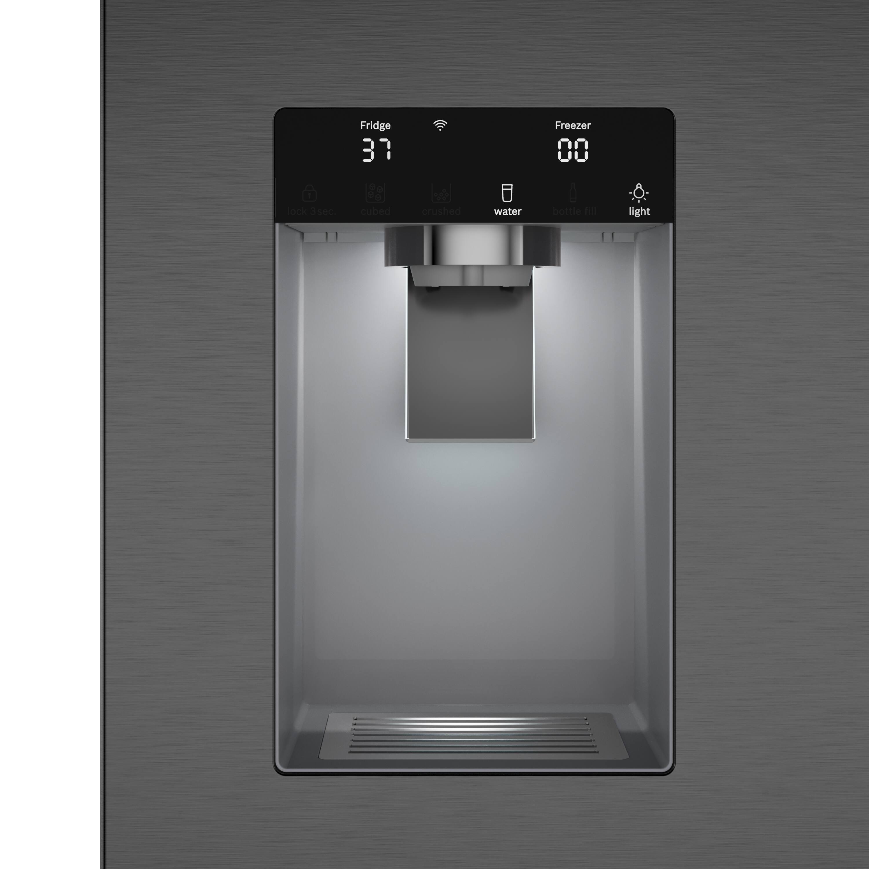 The text on the image is as follows:

Fridge 37 Freezer 00 lock Se cubdo crushed water bottle fill light I

To group and correct the text, we can rephrase it as follows:

"Fridge: 37 degrees, Freezer: 0 degrees, lock: Se, cubdo: crushed water bottle, fill light: I"

This rephrased text groups the sentences together and corrects the spelling and grammar.