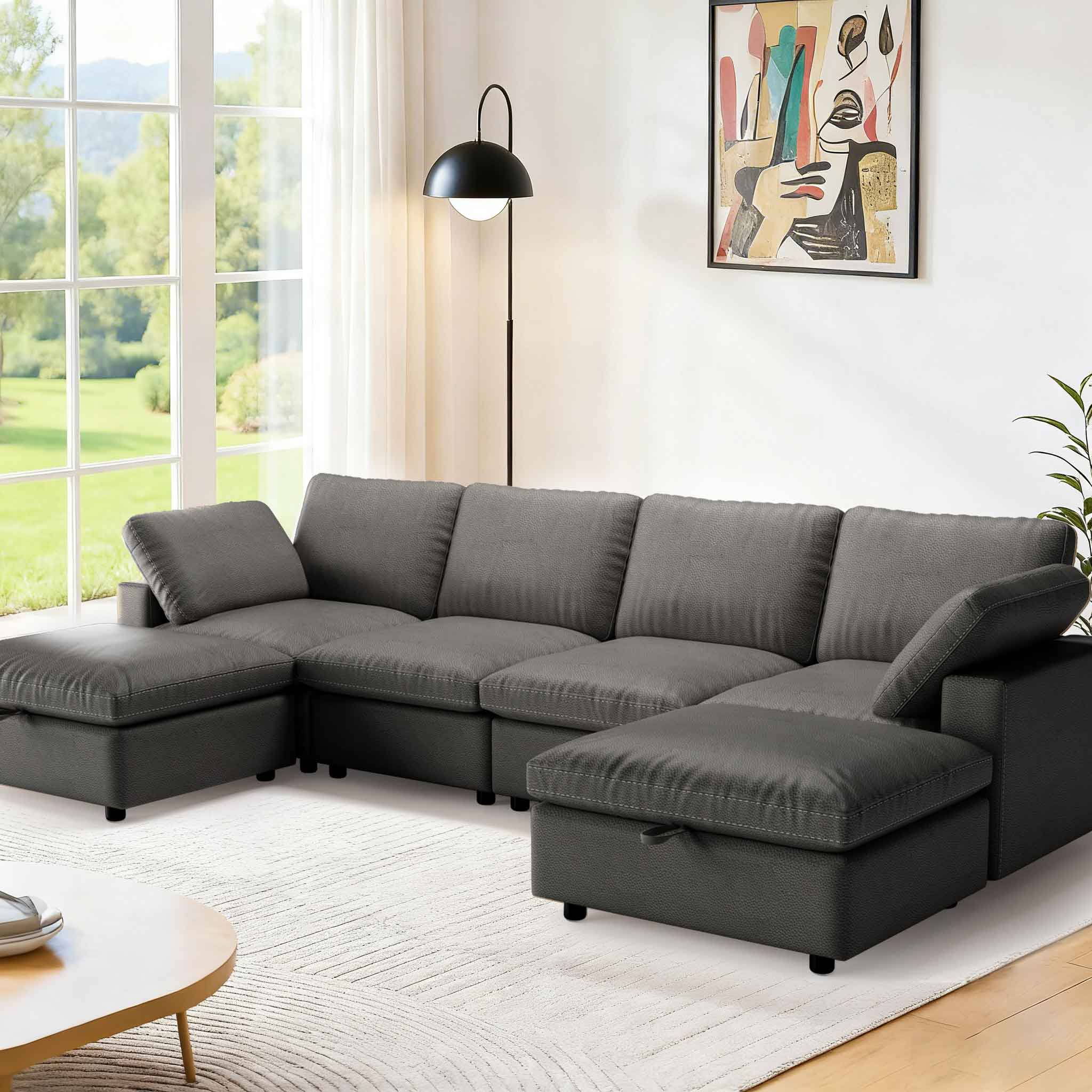 Dyonery - 130" Leather Modular Sectional Sofa with Storage Ottoman, 5-Seater U-Shaped,Solid Wood Frame，Gray - Gray-U