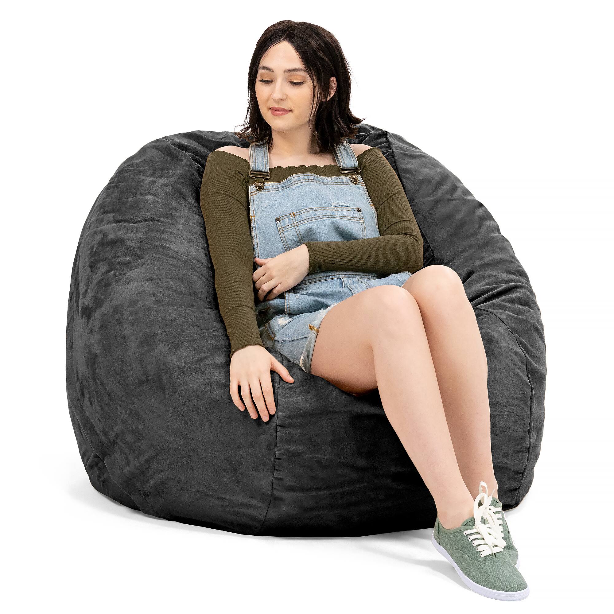 Left. Jaxx - Jaxx 4 ft Round Bean Bag Chair for Adults, Black - Black.