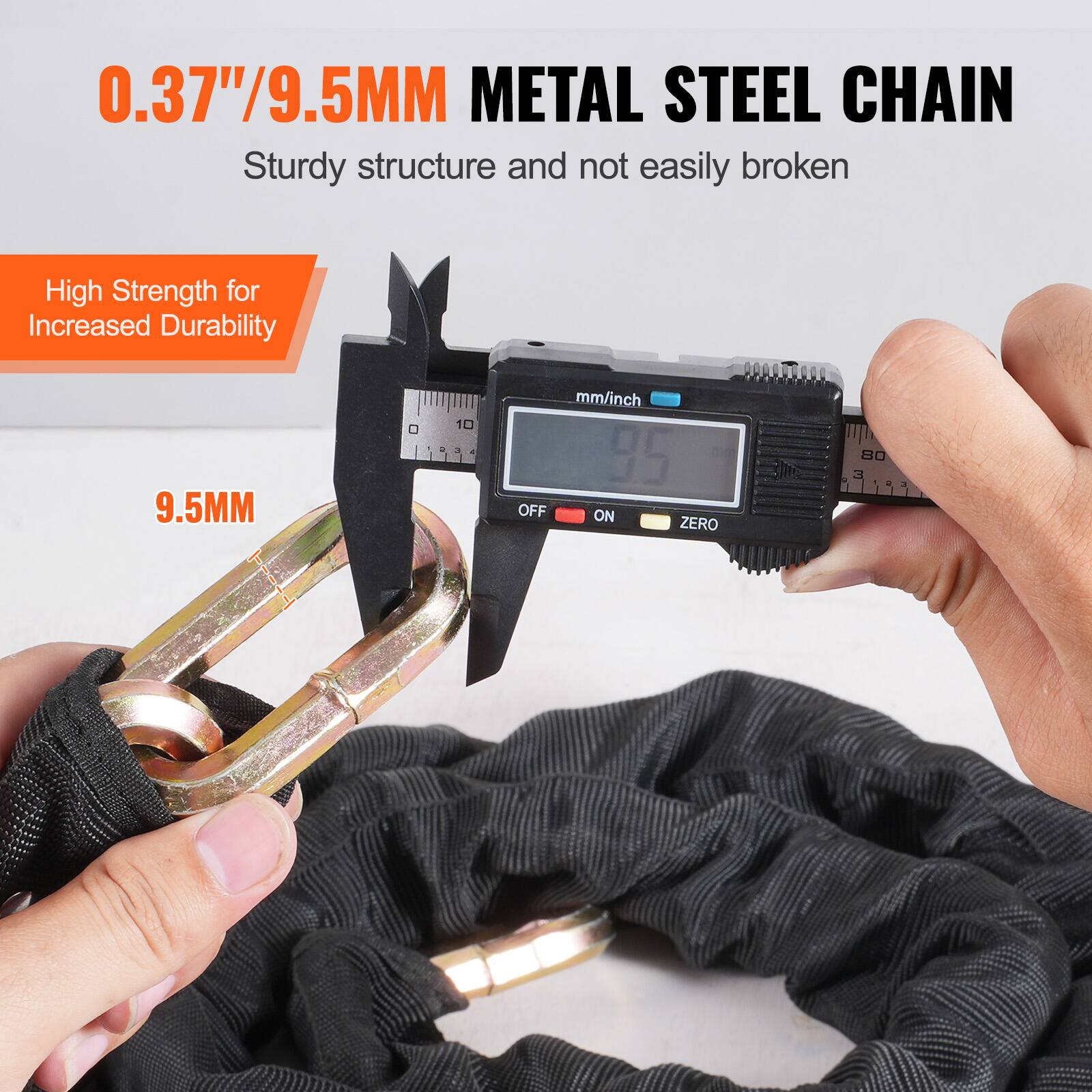 0.37"/9.5MM METAL STEEL CHAIN  
Sturdy structure and not easily broken  

High Strength for Increased Durability  

9.5MM
