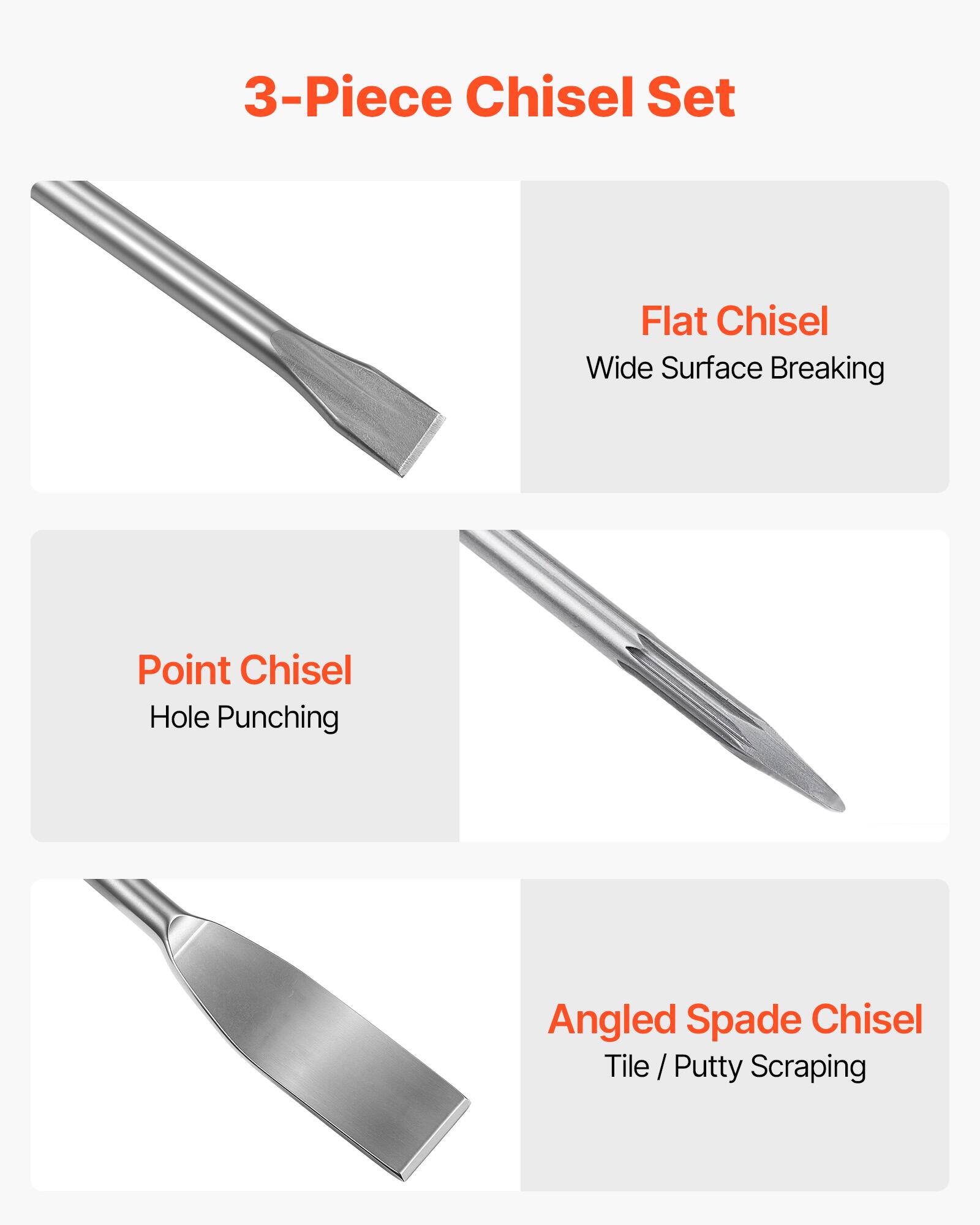 3-Piece Chisel Set

Flat Chisel
Wide Surface Breaking

Point Chisel
Hole Punching

Angled Spade Chisel
Tile / Putty Scraping