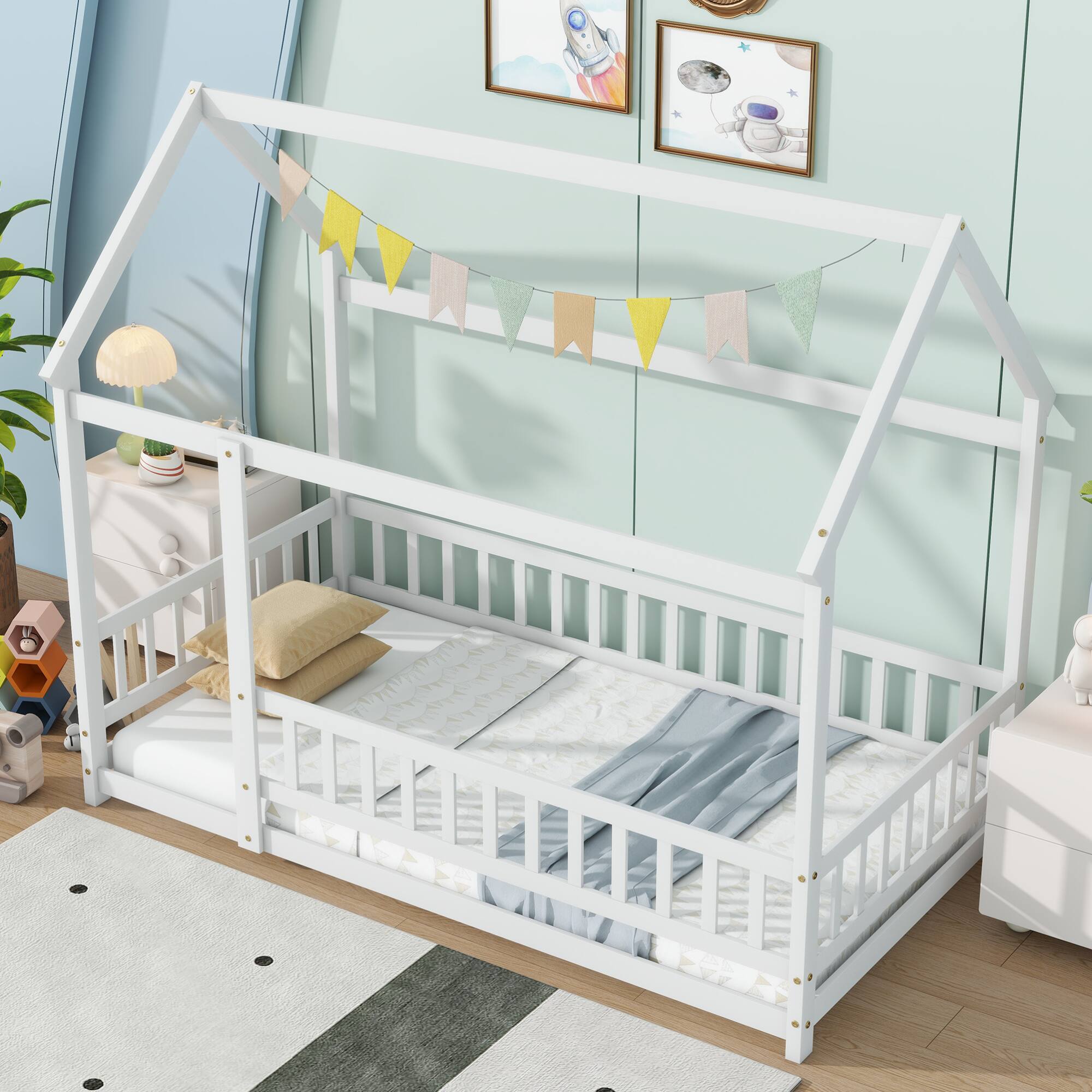 Alt View 1. GOODSILO - Twin Size House-Shaped Floor Bed with Safety Guardrails and Roof Frame, Grey Finish Wooden Playful Sleep Solution - White.