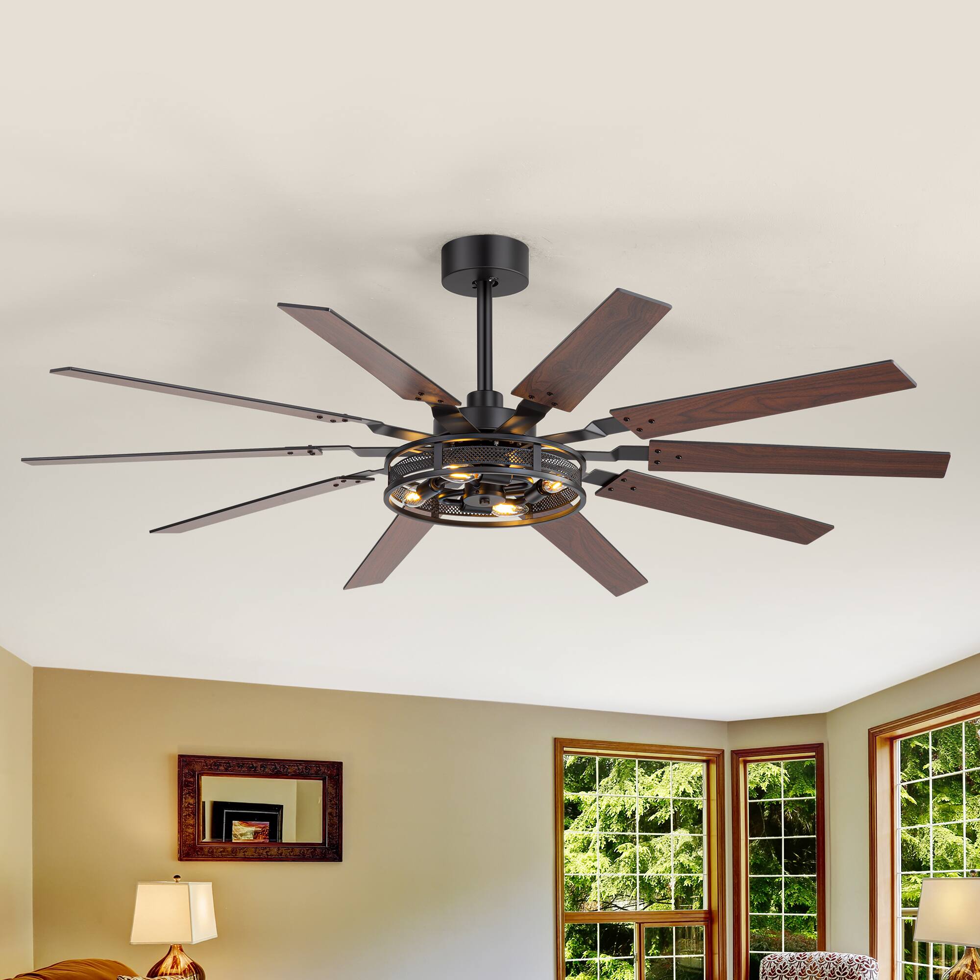 Alt View 1. Breezary - 60-inch Ceiling Fan with Light Kit, 10 Plywood Blades, DC Motor, 6-Speed Remote Control with Memory Function - Matte Black and Dark Walnut Color.