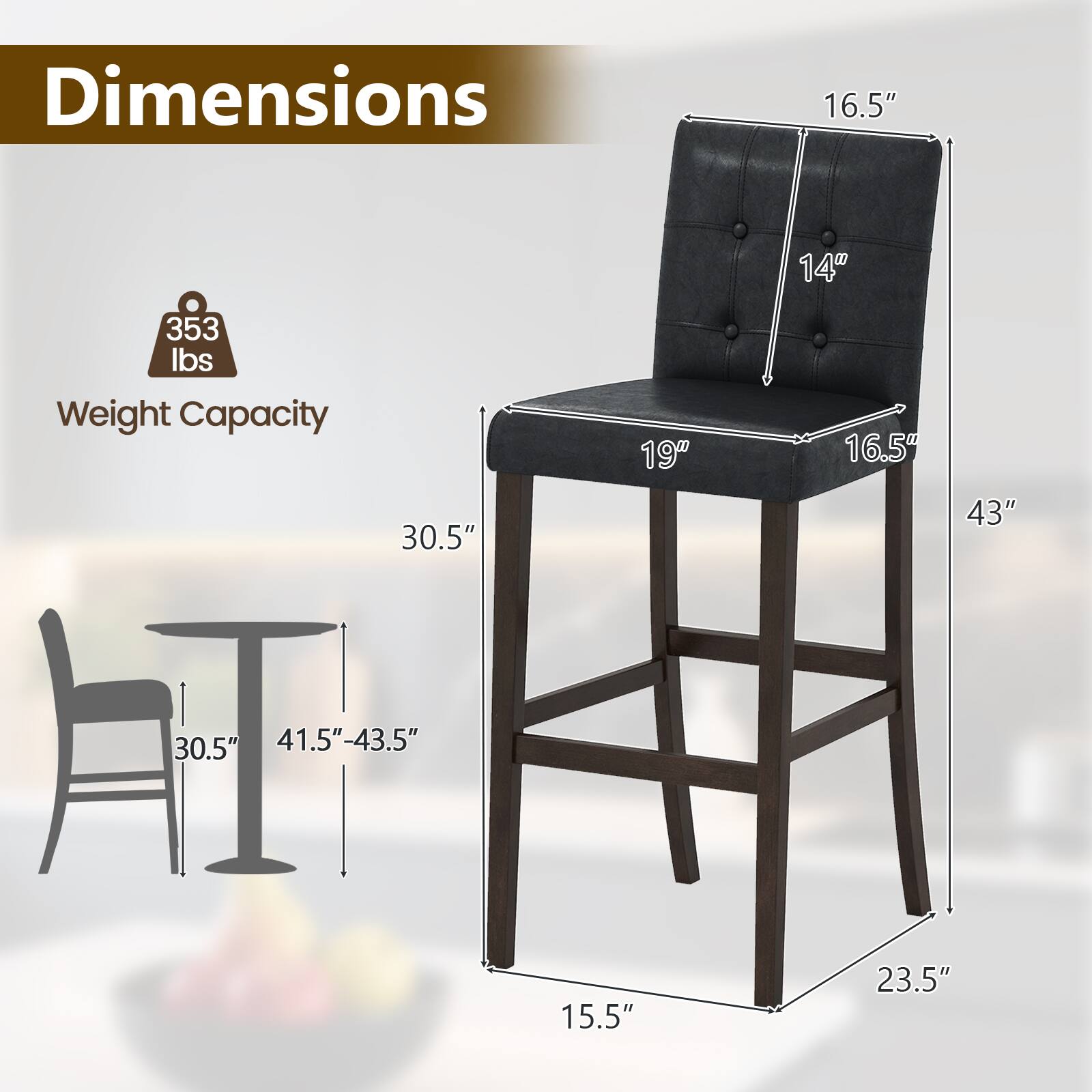 Dimensions: 16.5" x 14" x 353 lbs Weight Capacity  
Height: 30.5"  
Table Height: 30.5"  
Table Height Range: 41.5"-43.5"  
Chair Seat Width: 19"  
Chair Seat Depth: 16.5"  
Chair Back Height: 43"  
Chair Base Width: 23.5"  
Chair Base Depth: 15.5"