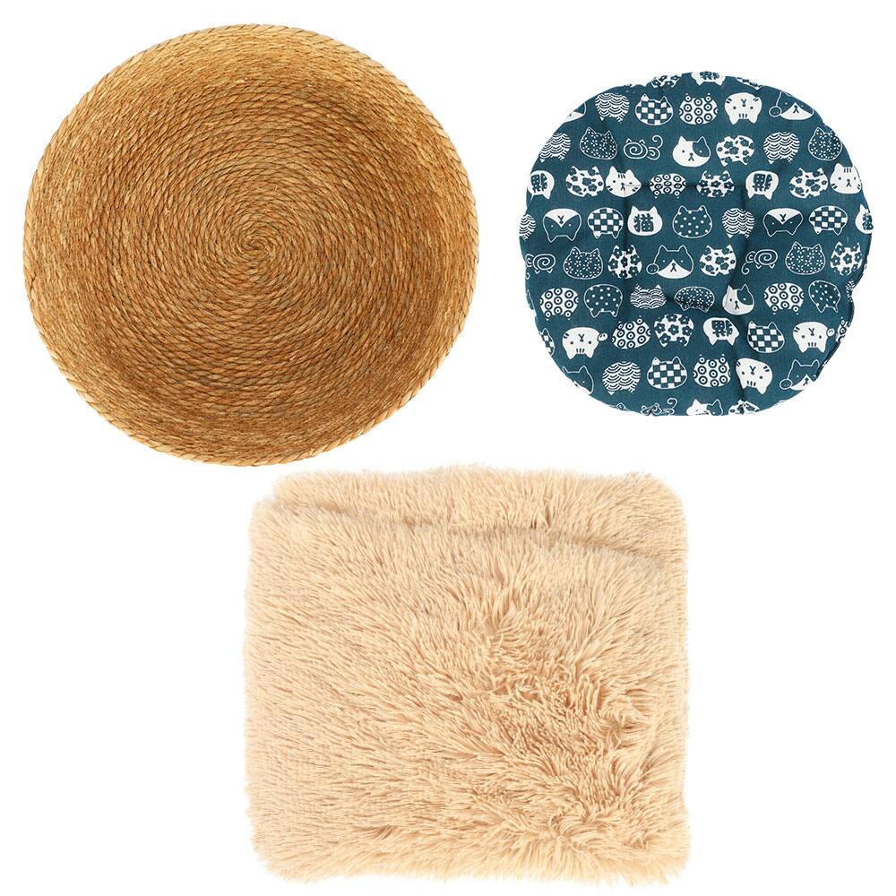 Alt View 5. Fluffee - Woven Cat Bed with Removable Washable Cushion & Blanket, Cozy Indoor Cat Bed, Warm Round Pet Bed for 0-15kg Cats & Dogs - Beige.