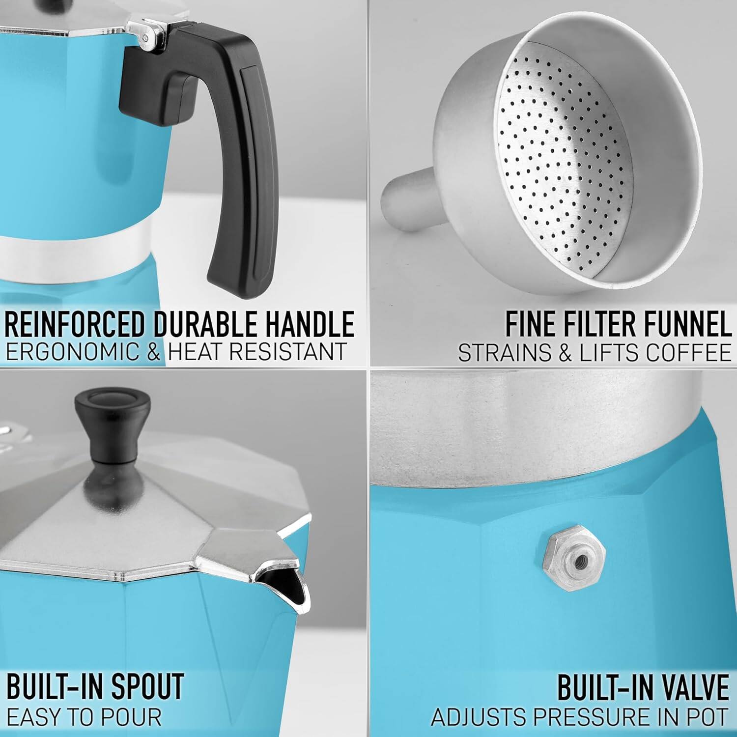 REINFORCED DURABLE HANDLE, ERGONOMIC & HEAT RESISTANT, FINE FILTER FUNNEL, STRAINS & LIFTS COFFEE, BUILT-IN SPOUT, EASY TO POUR, BUILT-IN VALVE ADJUSTS PRESSURE IN POT.