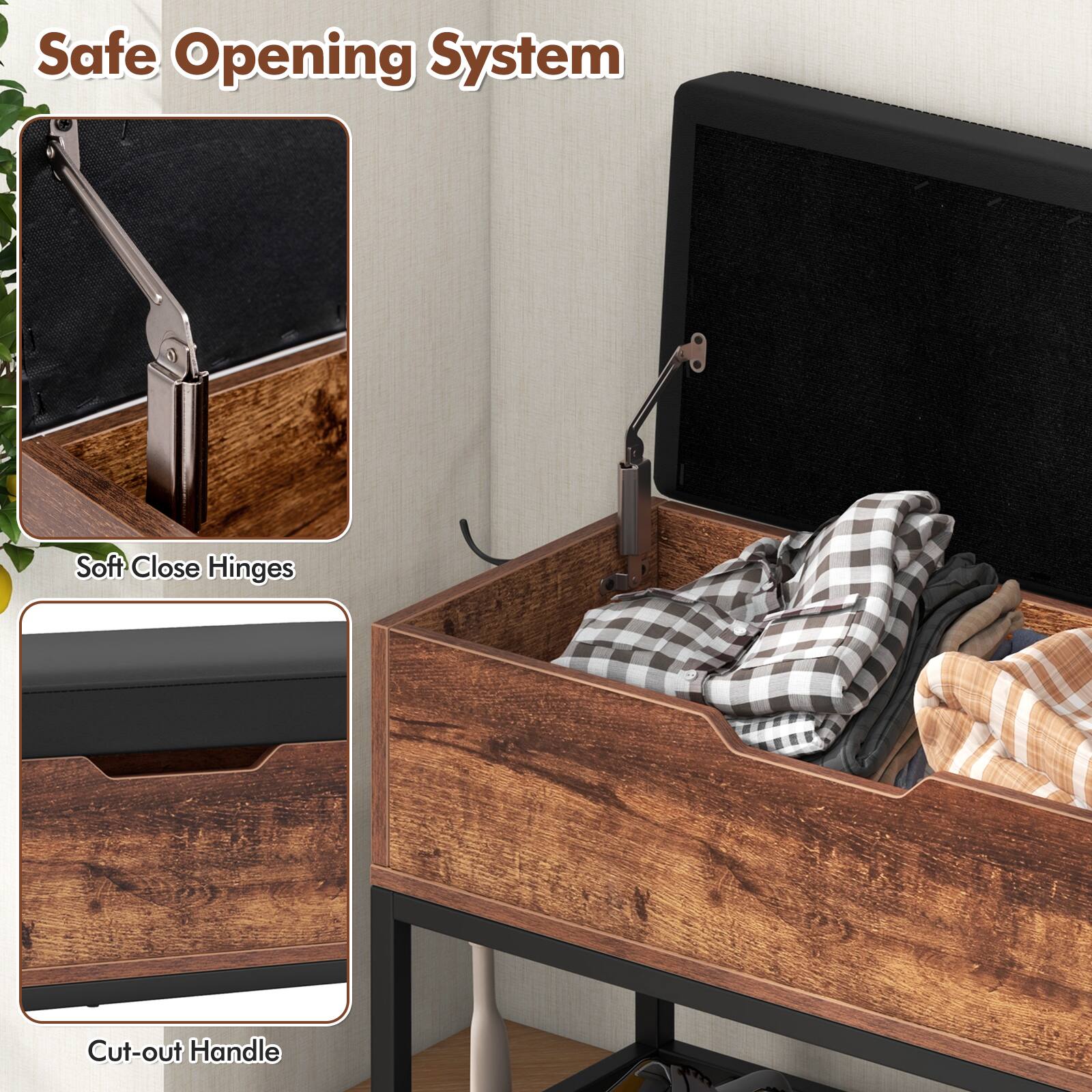 The text on the image reads "Safe Opening System Soft Close Hinges Cut-out Handle."