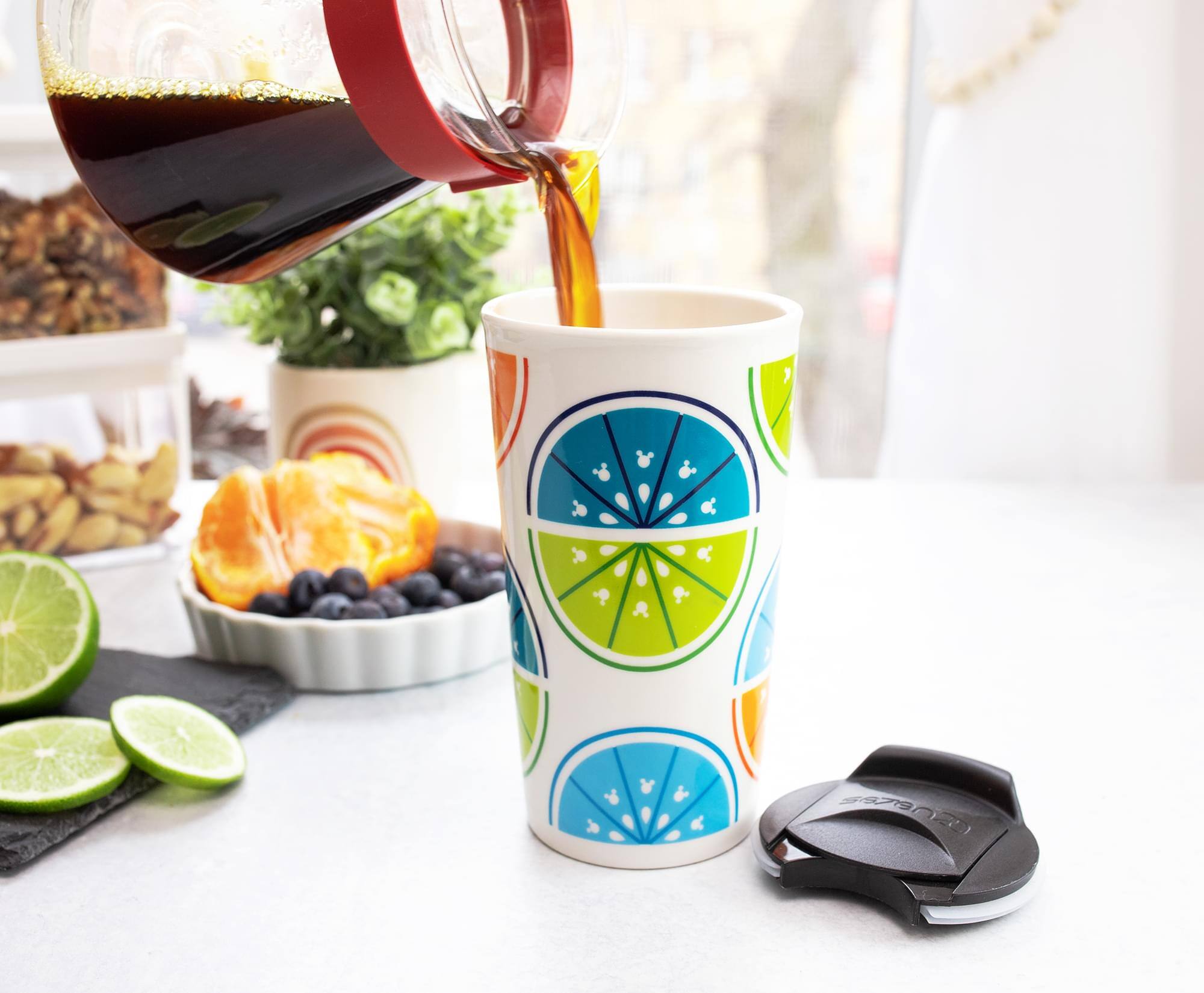 Alt View 2. Disney - Disney Mickey Mouse Fruit Slices Ceramic Travel Mug With Lid | Holds 10 Ounces - Orange.