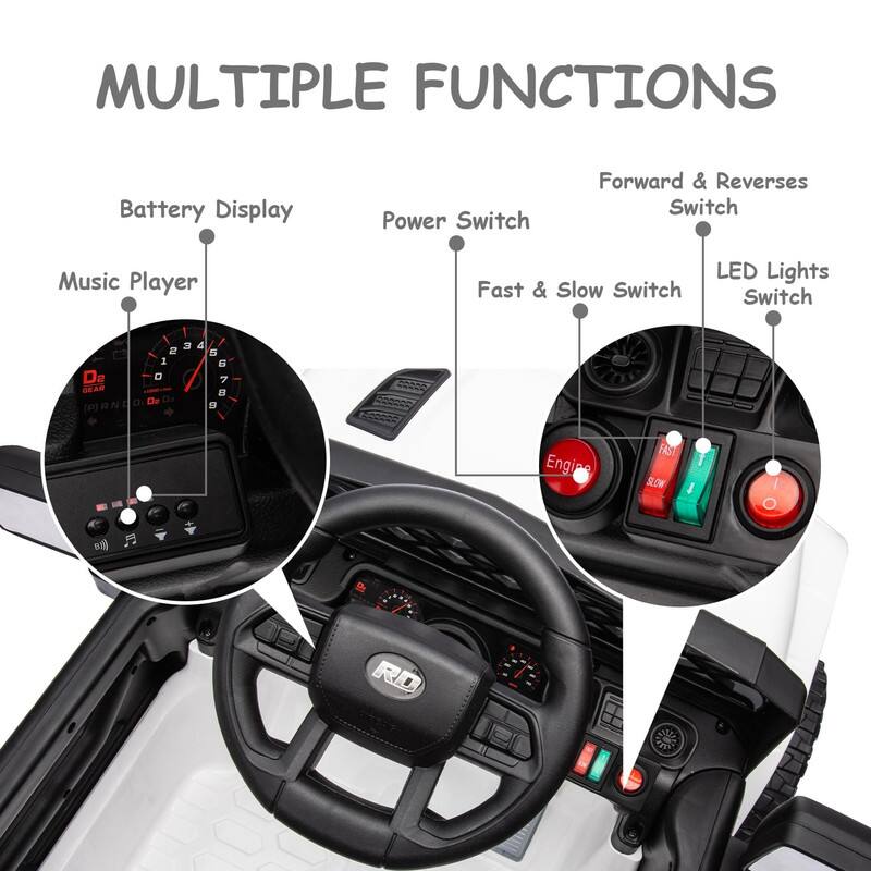 MULTIPLE FUNCTIONS

- Battery Display
- Music Player
- Power Switch
- Fast & Slow Switch
- Forward & Reverses Switch
- LED Lights Switch