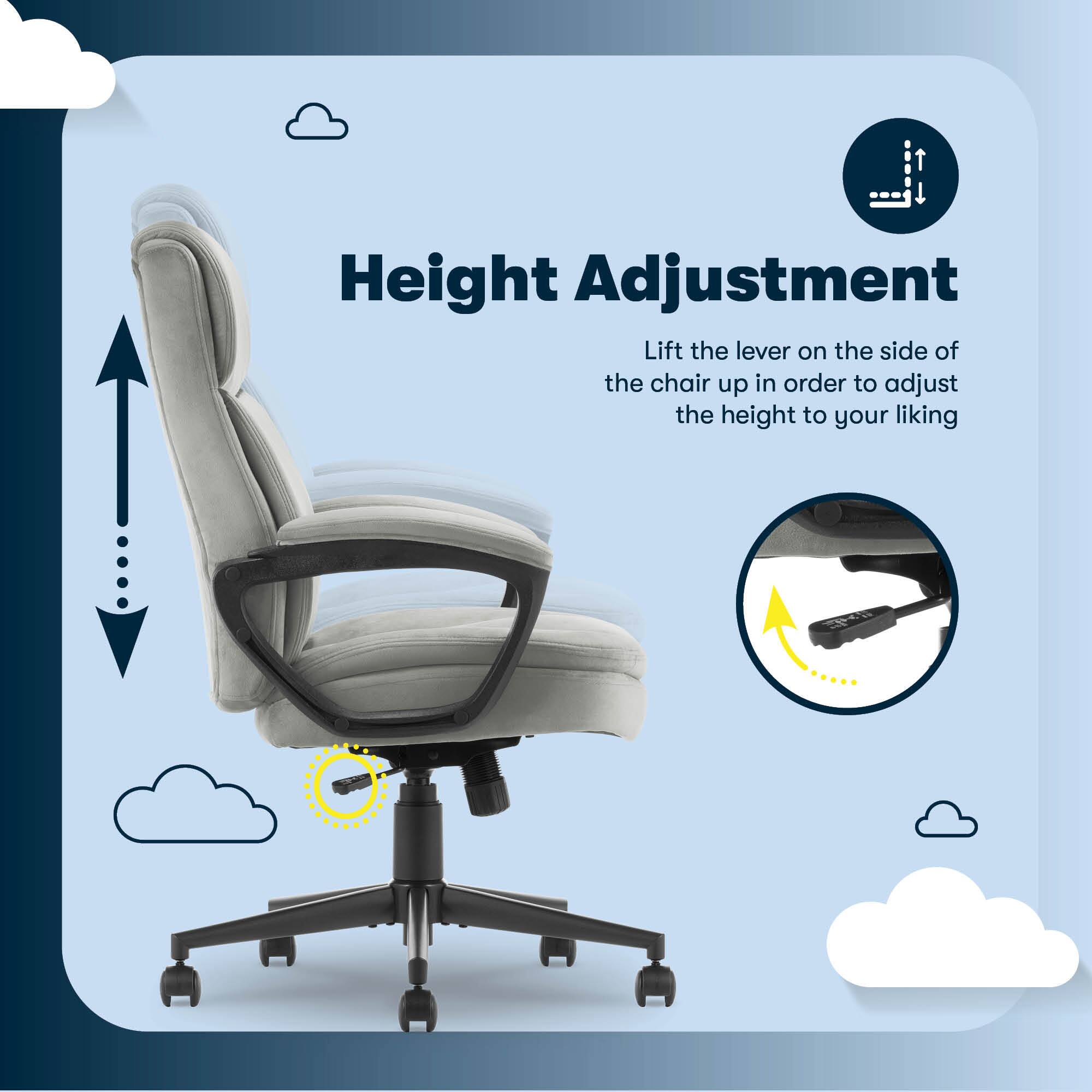 The text on the image is already correctly grouped and states: "Height Adjustment Lift the lever on the side of the chair up in order to adjust the height to your liking."