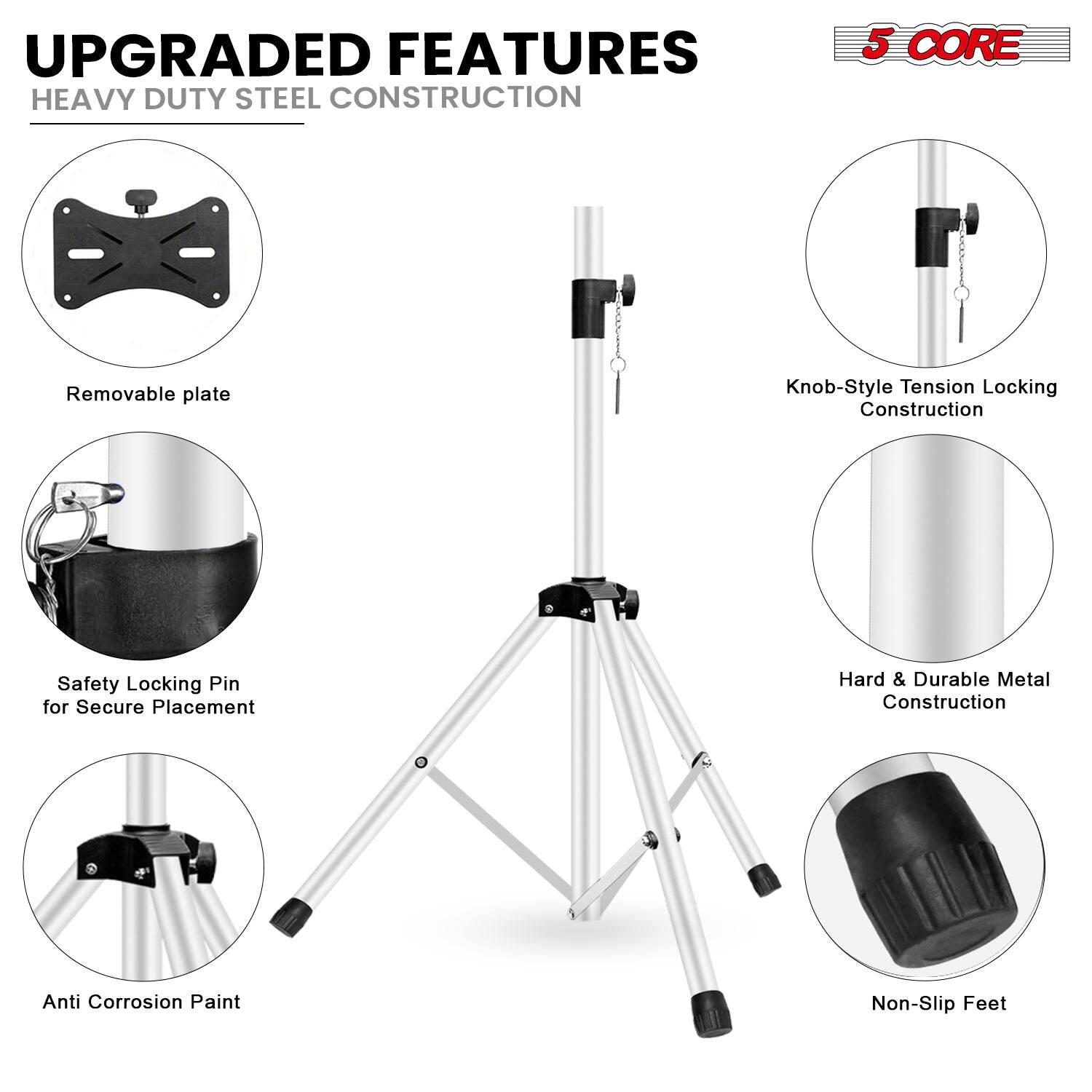 UPGRADED FEATURES  
HEAVY DUTY STEEL CONSTRUCTION  

- Removable plate  
- Safety Locking Pin for Secure Placement  
- Anti Corrosion Paint  
- Knob-Style Tension Locking Construction  
- Hard & Durable Metal Construction  
- Non-Slip Feet  

5 CORE