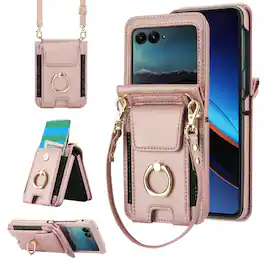 Dteck - For Samsung Galaxy Z Flip8 Shockproof Leather Ring Kickstand Protective Wallet Case with Shoulder Strap / Lanyard - Rosegold