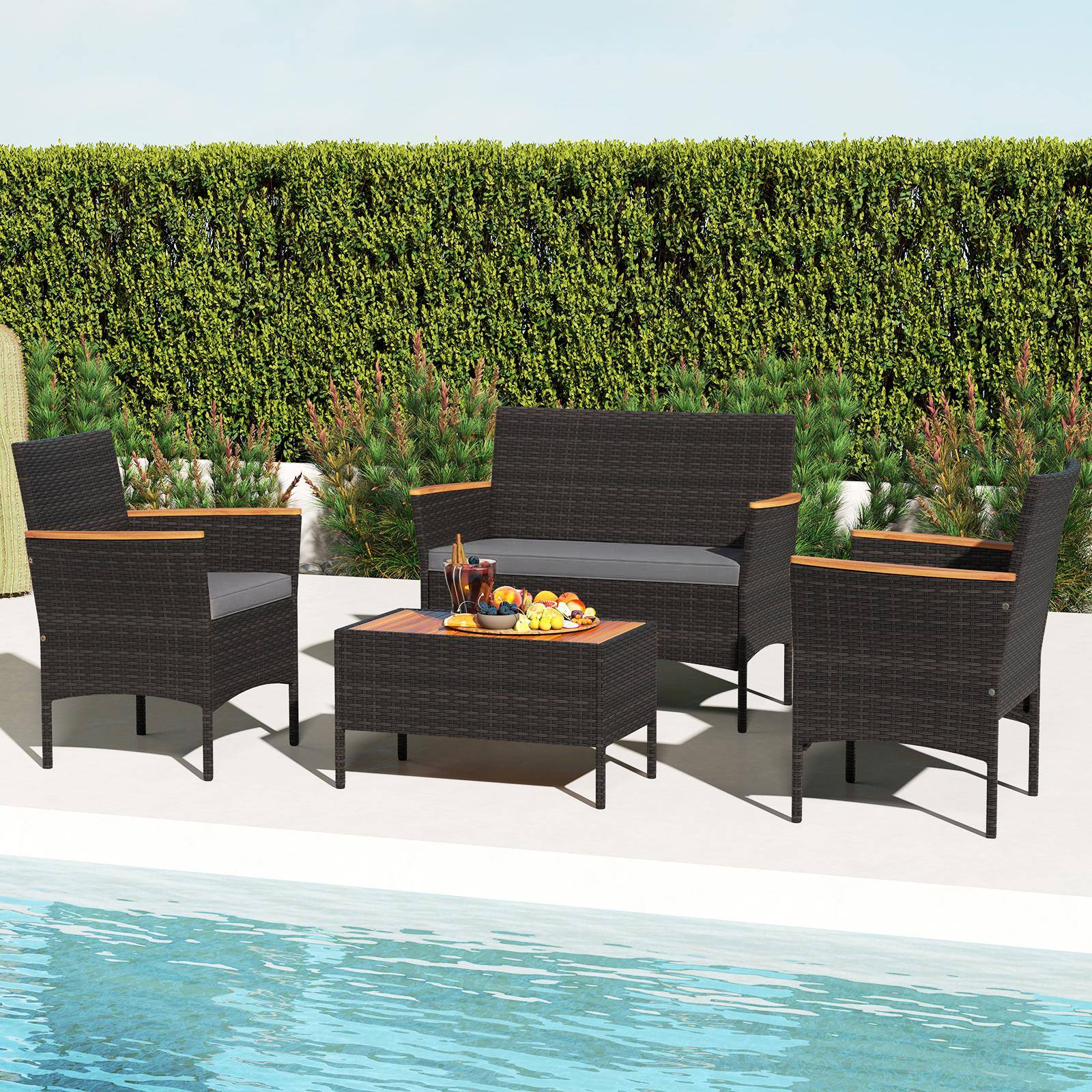Alt View 1. Costway - Costway 4 PCS Patio Wicker Sofa Set with Coffee Table Acacia Wood Armrests & Tabletop - Mix Brown + Gray.