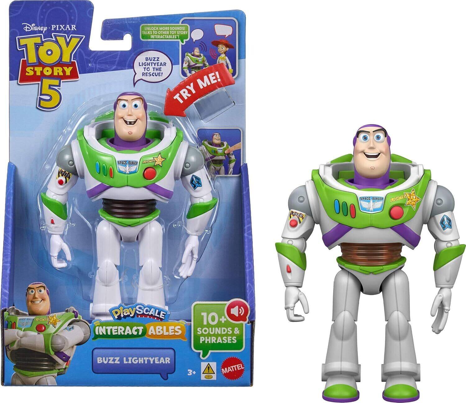 Disney PIXAR TOY STORY 5  
UNLOCK MORE SOUNDS! TALKS TO 10 OTHER TOY STORY INTERACTABLES  
BUZZ LIGHTYEAR TO THE RESCUE!  
TRY ME!  
Play SCALE 10+ INTERACT ABLES SOUNDS & PHRASES BUZZ LIGHTYEAR 3+!  
MATTEL