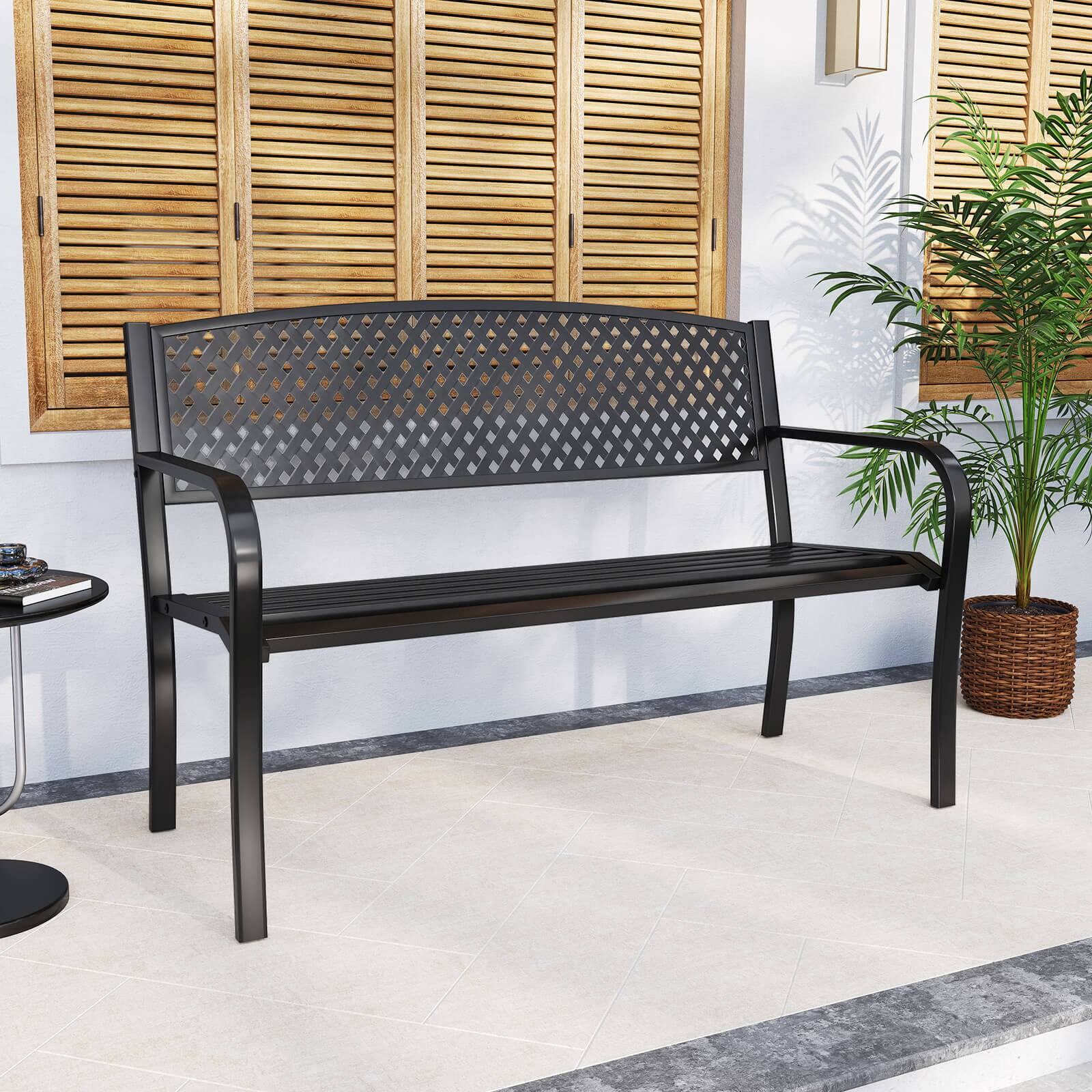 Alt View 3. Costway - Costway 50 Inches Garden Bench Outdoor Bench with Patterned Backrest and Curved Armrests - Black.