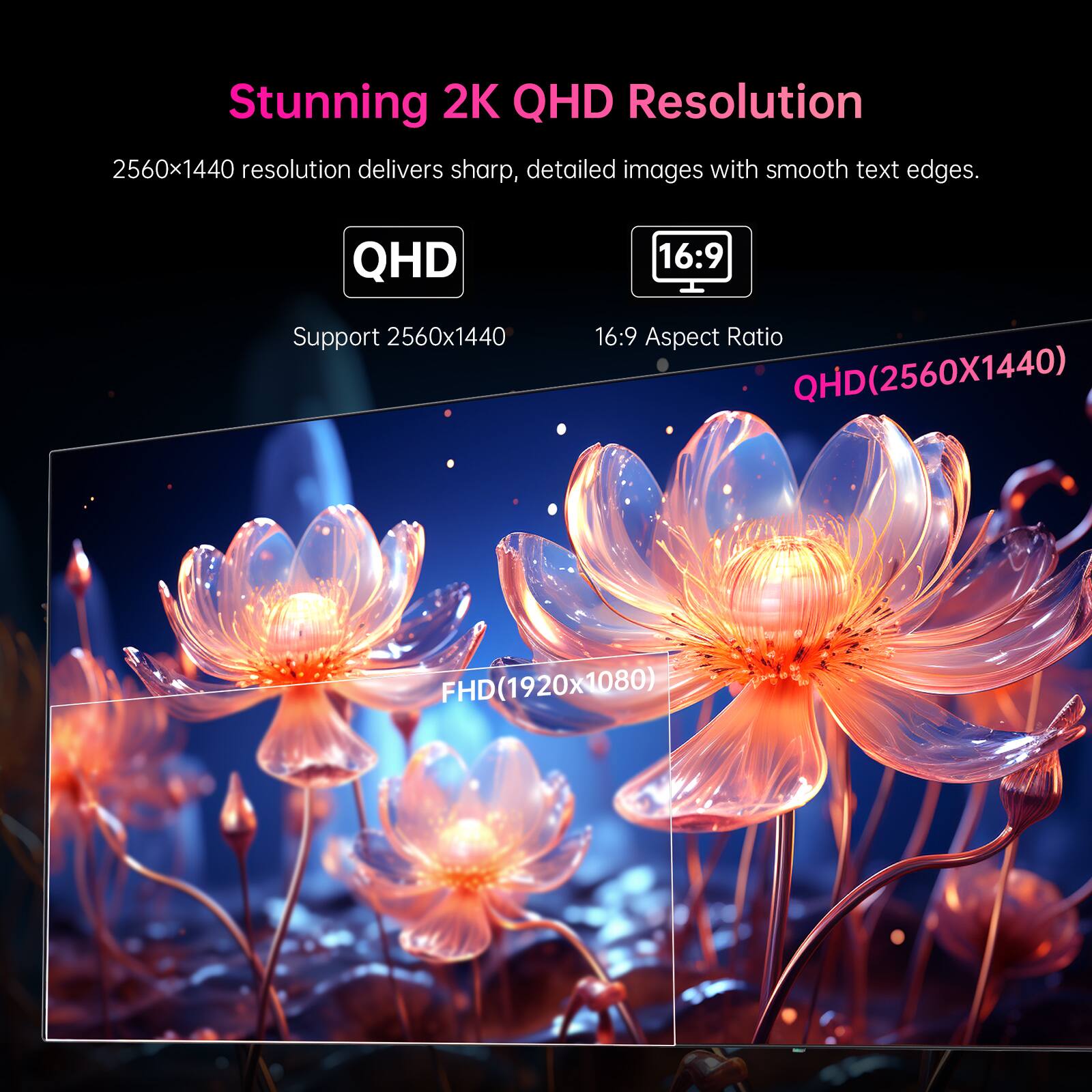 Stunning 2K QHD Resolution  
2560x1440 resolution delivers sharp, detailed images with smooth text edges.  

QHD  
Support 2560x1440  

16:9 Aspect Ratio  

QHD(2560x1440)  
FHD(1920x1080)