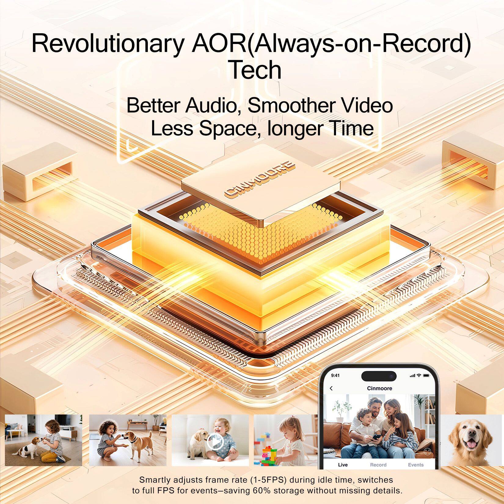 Revolutionary AOR (Always-on-Record) Tech  
Better Audio, Smoother Video, Less Space, Longer Time  

Cinmoore Live Record Events  
Smartly adjusts frame rate (1-5FPS) during idle time, switches to full FPS for events—saving 60% storage without missing details.