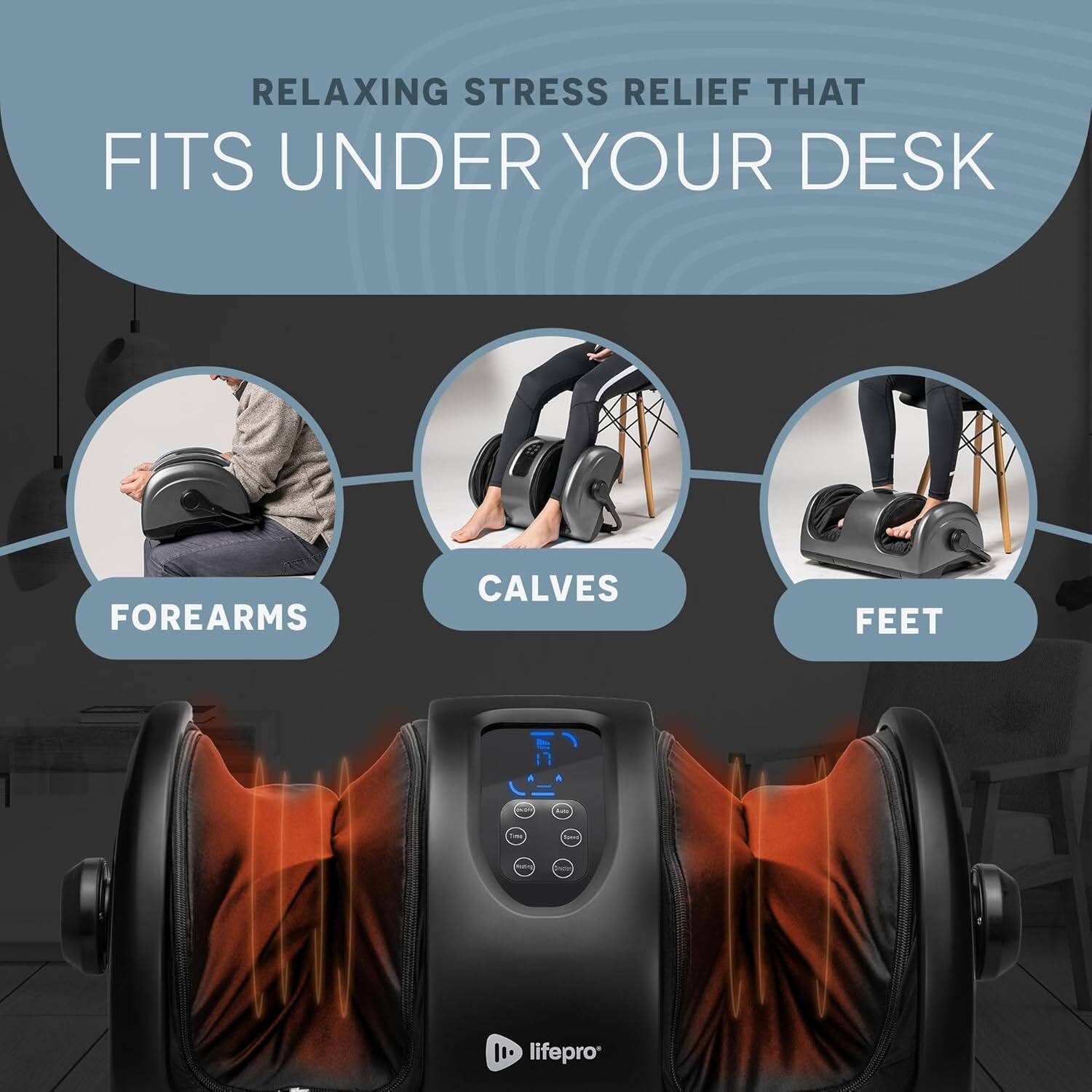 RELAXING STRESS RELIEF THAT FITS UNDER YOUR DESK

FOREARMS  
CALVES  
FEET