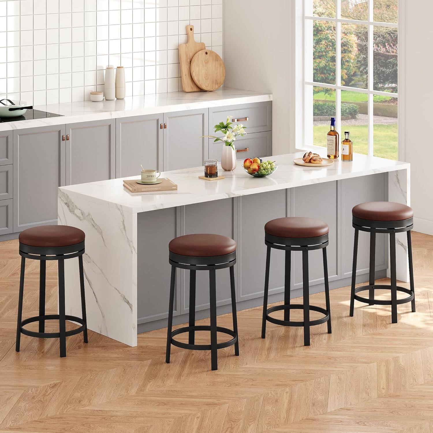 Left. GARVEE - 24" Swivel Bar Stools Set of 4 with Footrest, Modern Counter Height Barstools with PU Leather Upholstered, Brown - Brown.