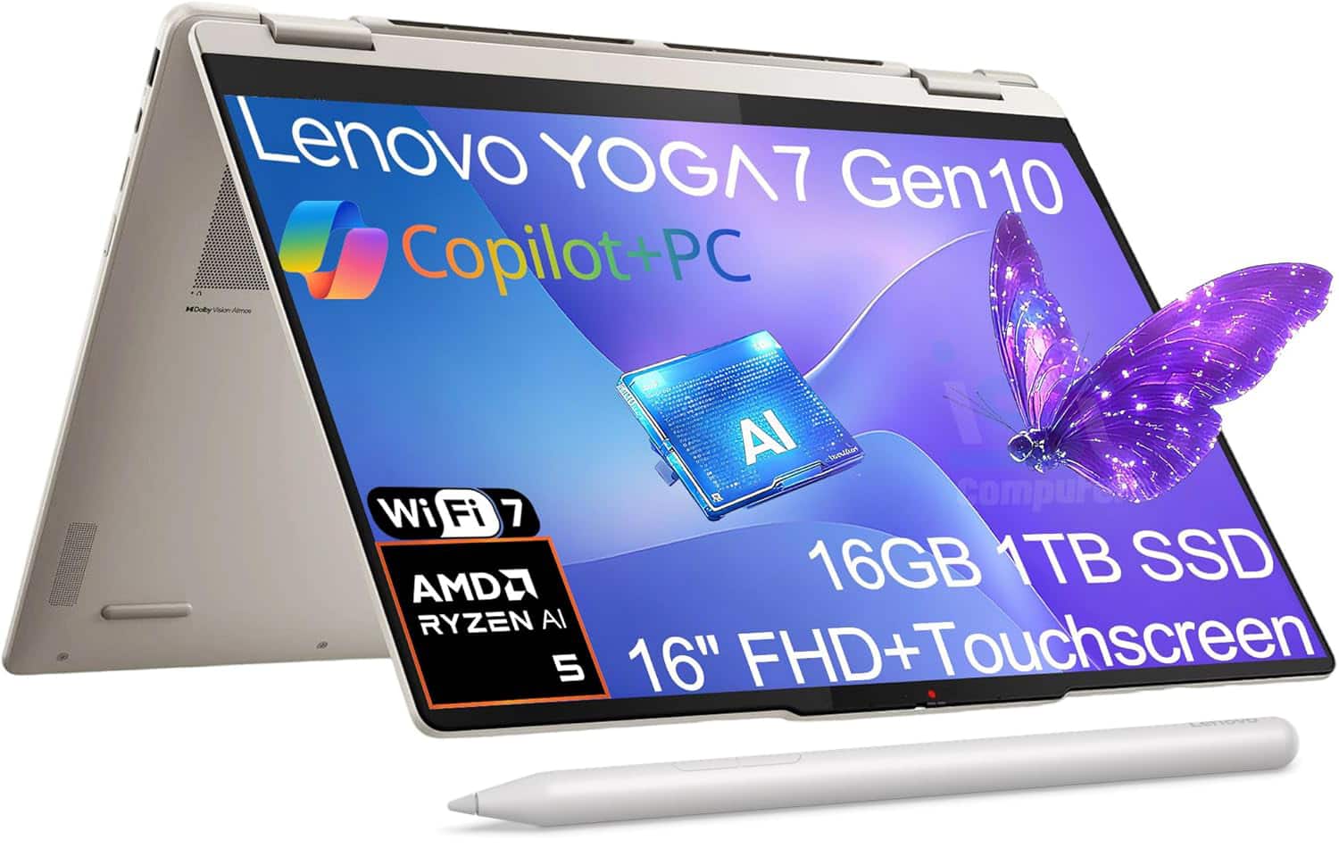 Lenovo - Yoga 7 Gen 10 2-in-1 16" 2K Touch Screen Laptop - AMD Ryzen AI 5 with 16GB Memory - 1TB SSD - Windows 11 Home - Seashell