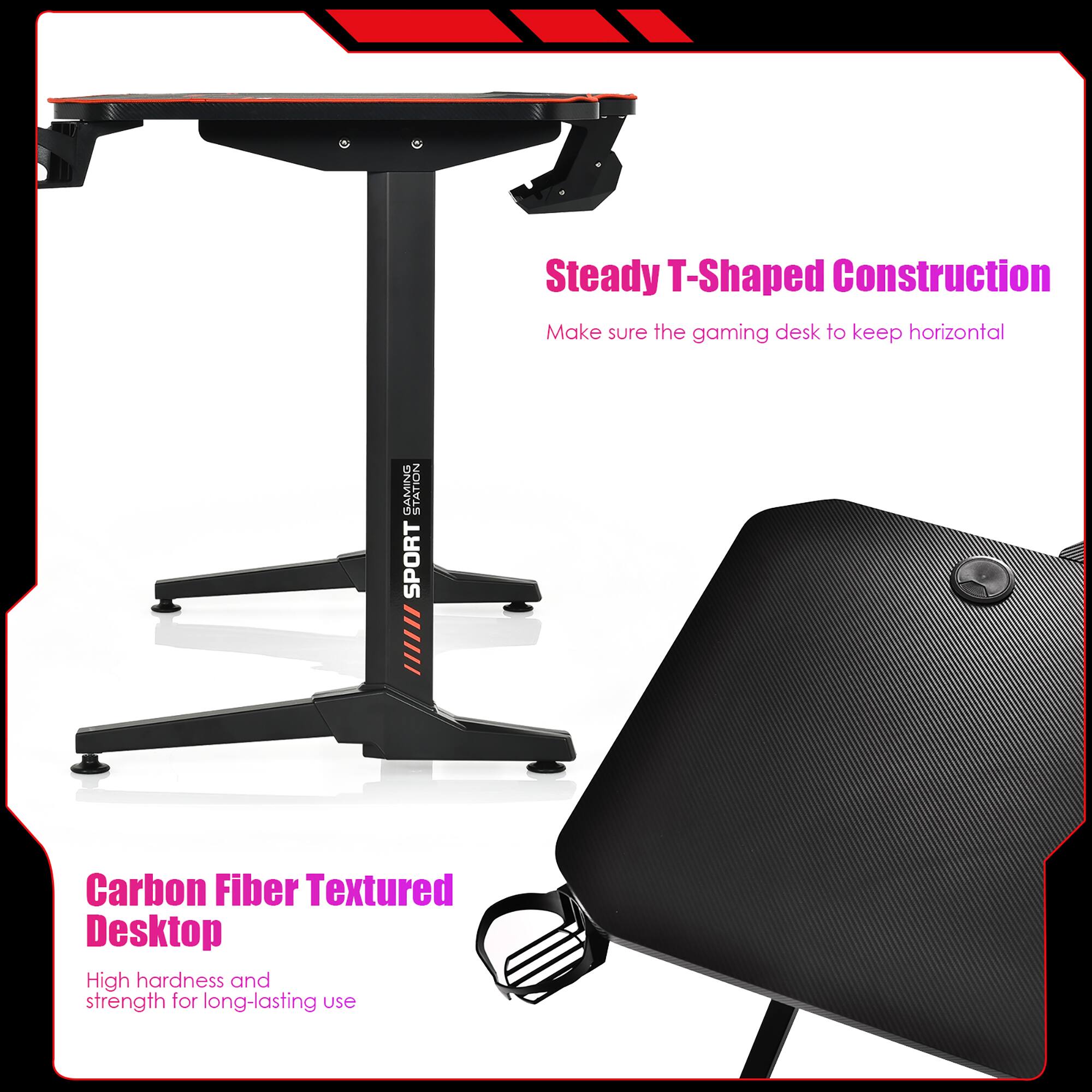 The text on the image can be grouped and corrected as follows:

1. Steady T-Shaped Construction: Make sure the gaming desk to keep horizontal.
2. Camino Station: Sport Carbon Fiber Textured Desktop High hardness and strength for long-lasting use.