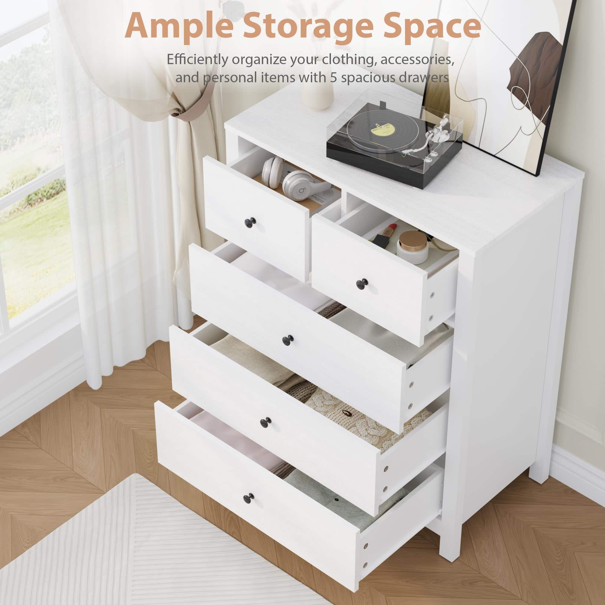Ample Storage Space
Efficiently organize your clothing, accessories, and personal items with 5 spacious drawers