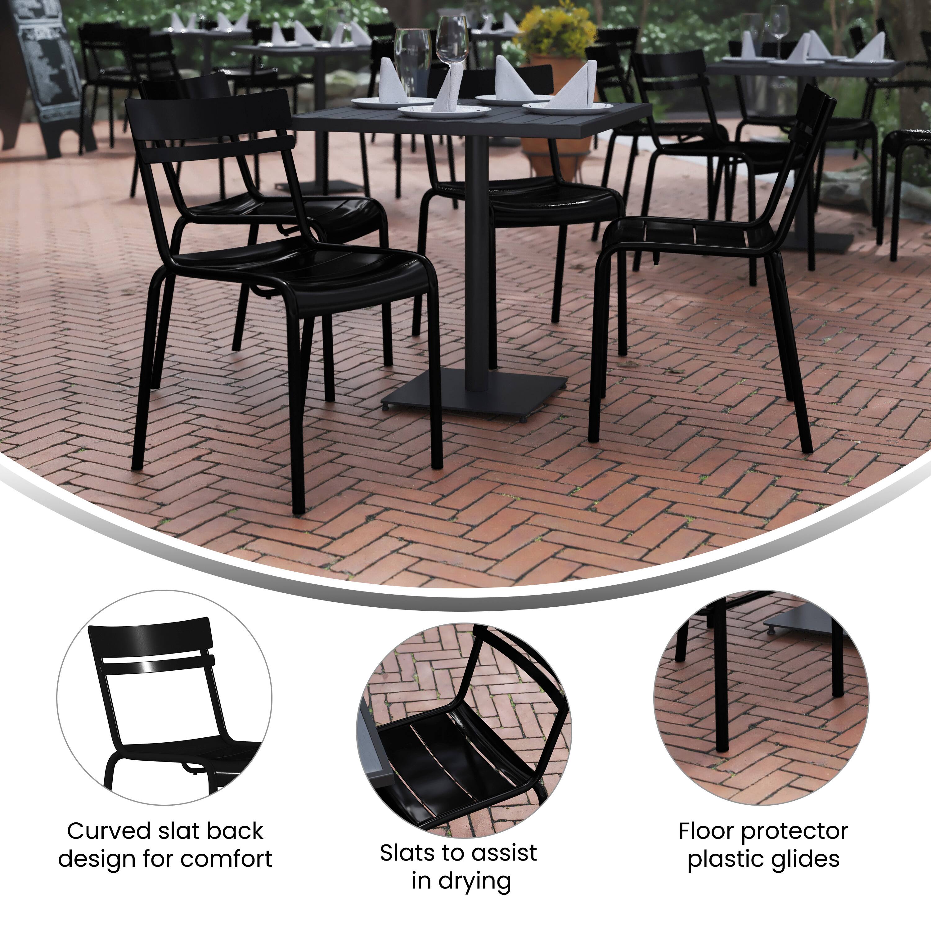 - Curved slat back design for comfort
- Slats to assist in drying
- Floor protector plastic glides