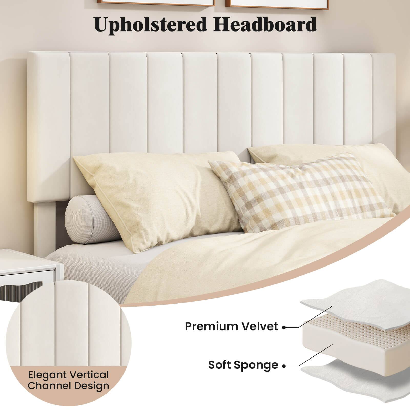 Upholstered Headboard

Premium Velvet

Elegant Vertical Channel Design

Soft Sponge