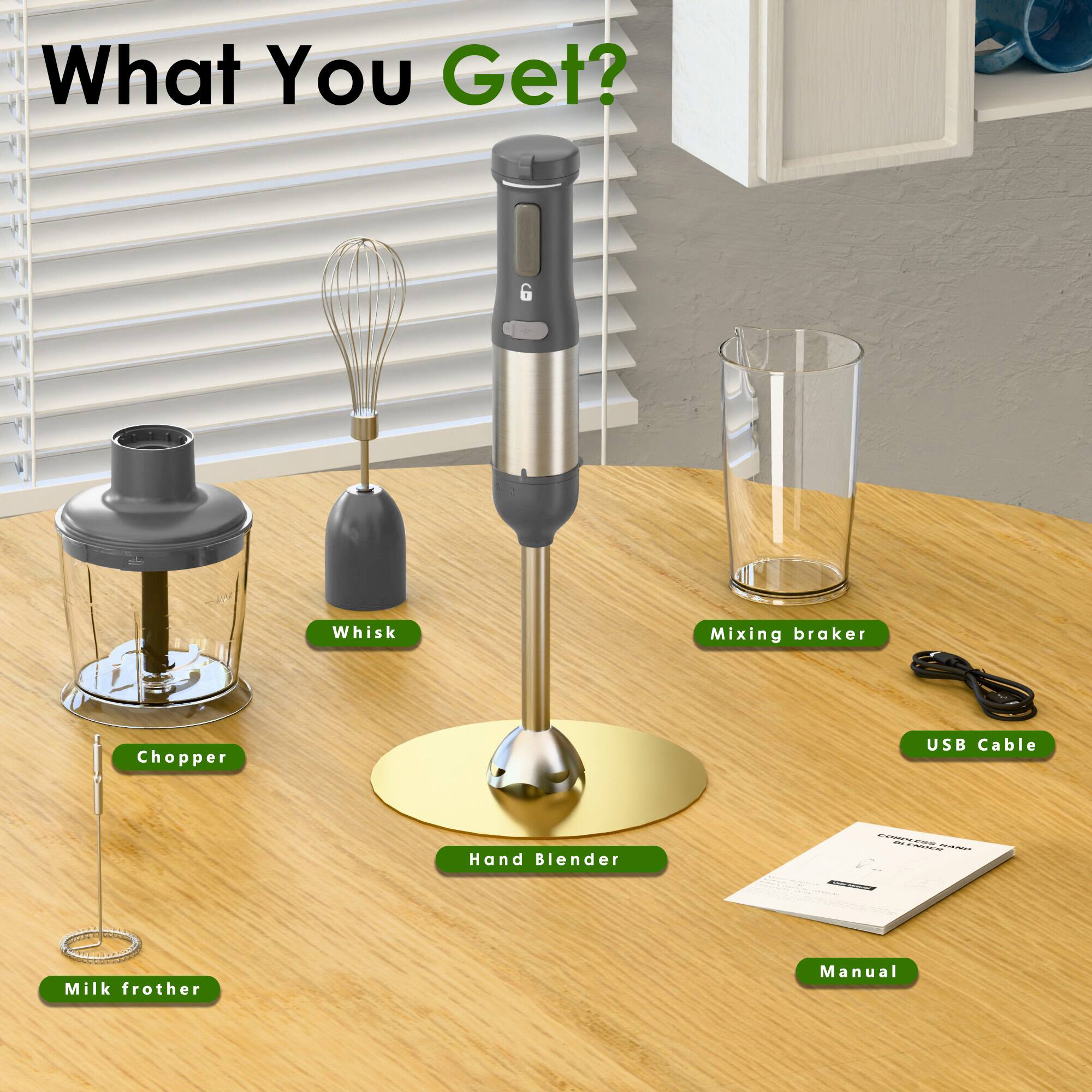 What You Get?

- Whisk
- Chopper
- Mixing beaker
- Hand Blender
- Milk frother
- USB Cable
- Manual