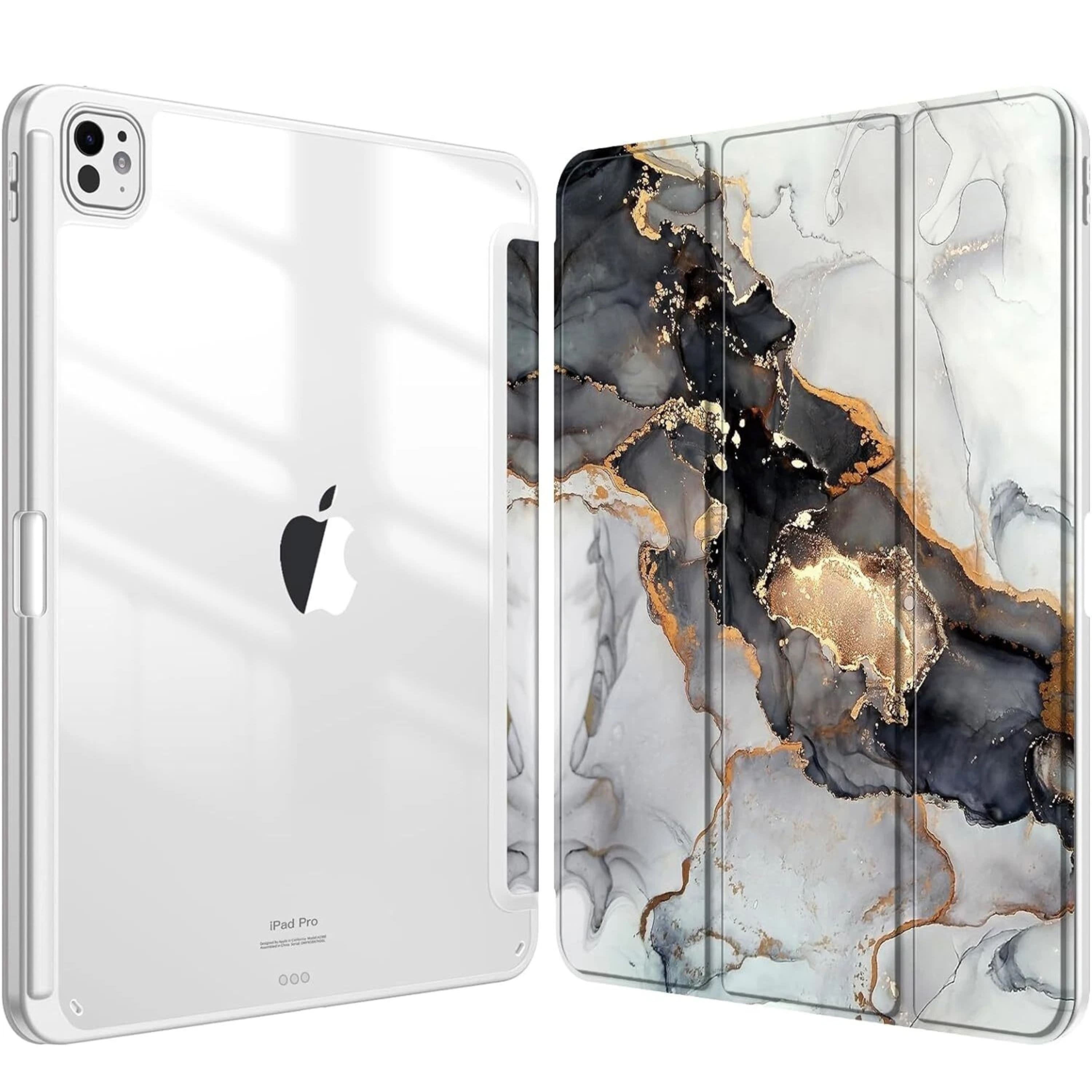 Kitcheniva - Slim Hybrid Case For iPad Pro 13 Inch M4 2024 Shockproof Protective Cover With Pencil Holder Black And White - Cloudy Marble